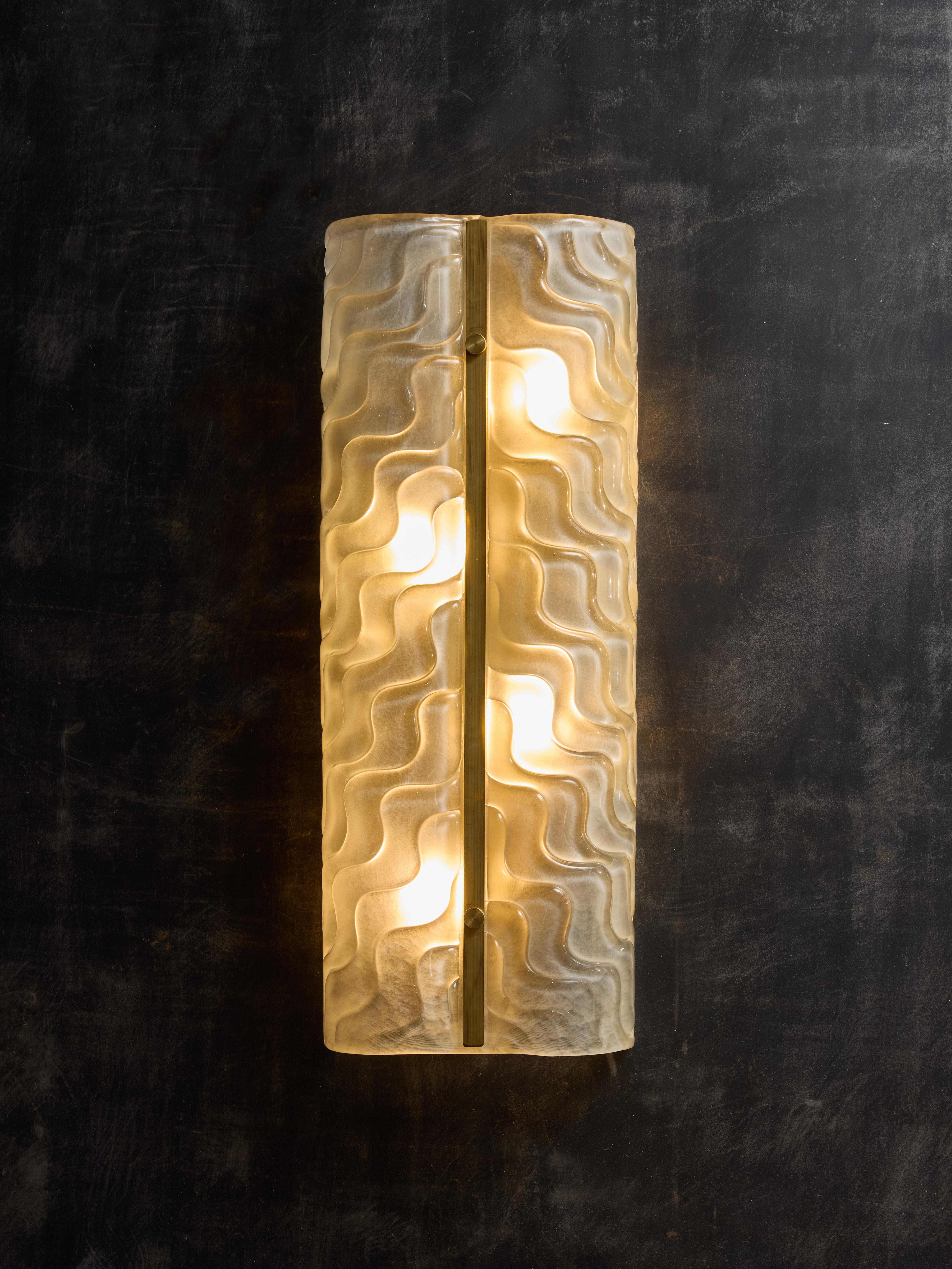 Modern Murano Glass Wall Sconces with Brass Rod Detail For Sale