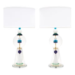 Murano Glass White and Blue Lamps