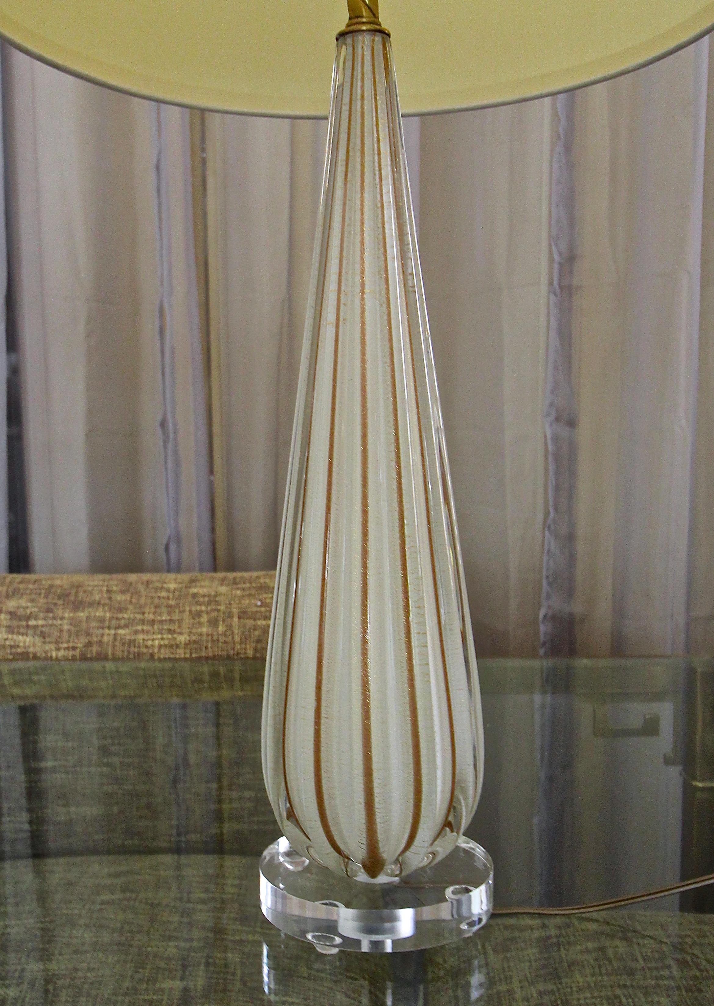Italian Murano Glass White Aventurine Ribbed Table Lamp