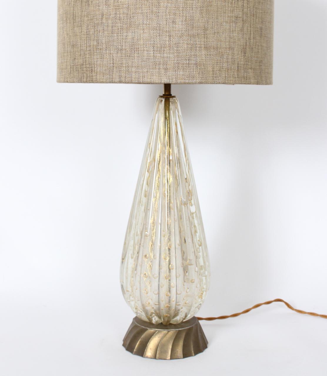 Hollywood Regency Murano Glass White & Clear Ribbed Table Lamp with Gold inclusions