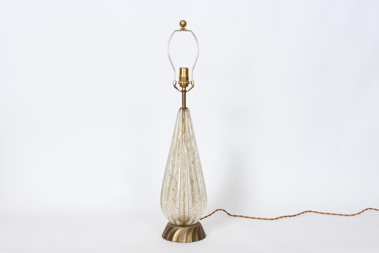 Italian Murano Glass White & Clear Ribbed Table Lamp with Gold inclusions