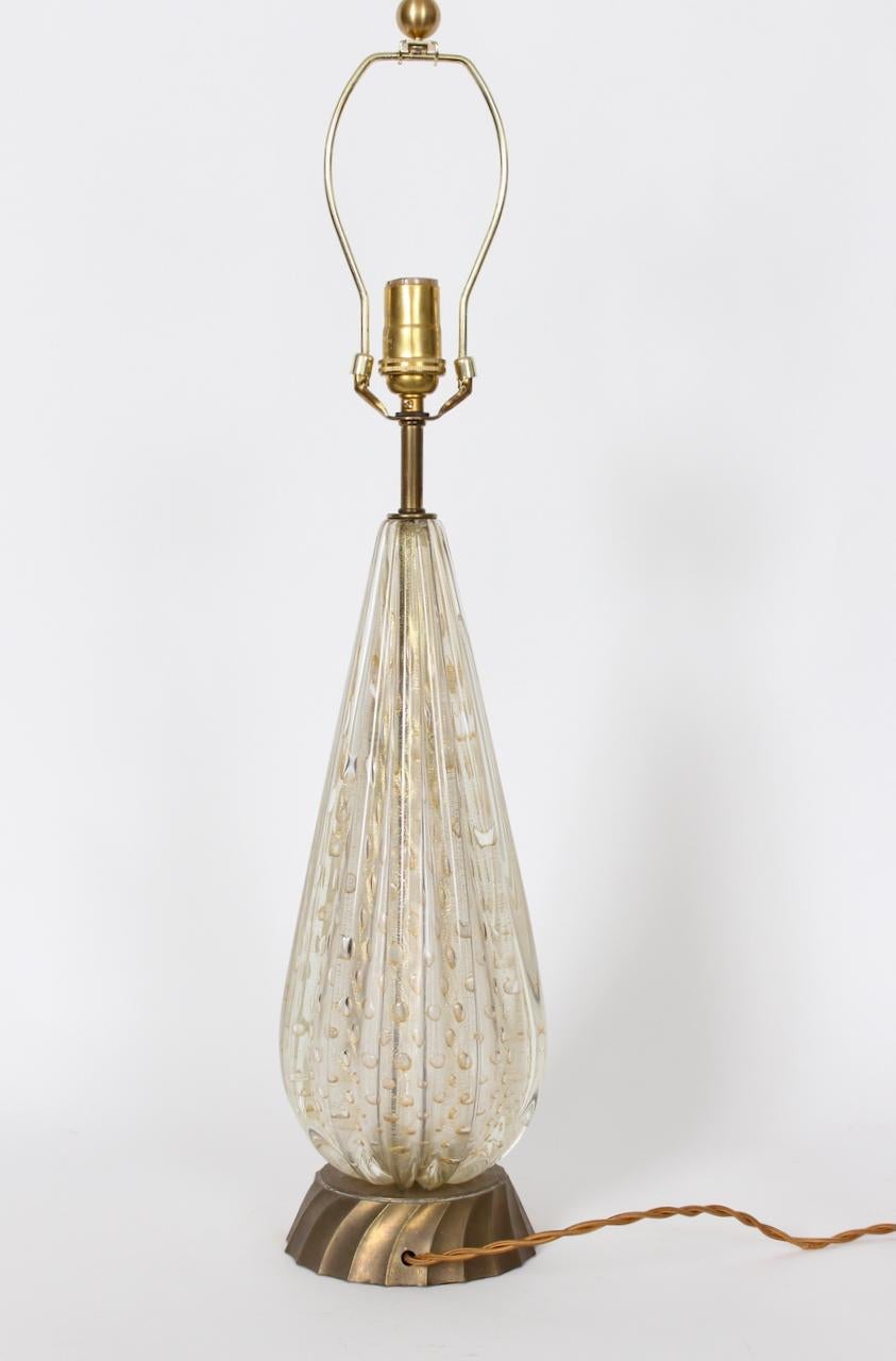 Murano Glass White & Clear Ribbed Table Lamp with Gold inclusions In Good Condition In Bainbridge, NY