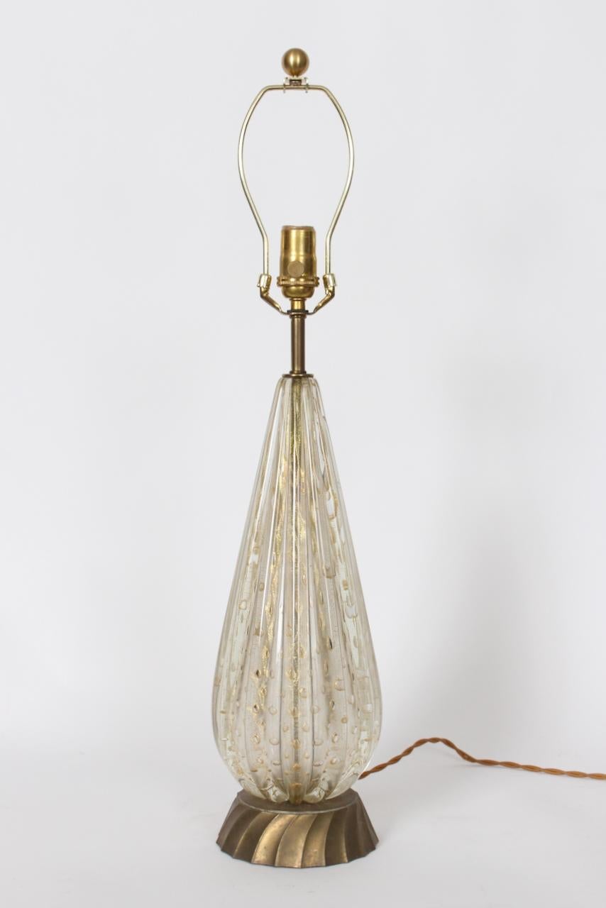 Mid-20th Century Murano Glass White & Clear Ribbed Table Lamp with Gold inclusions