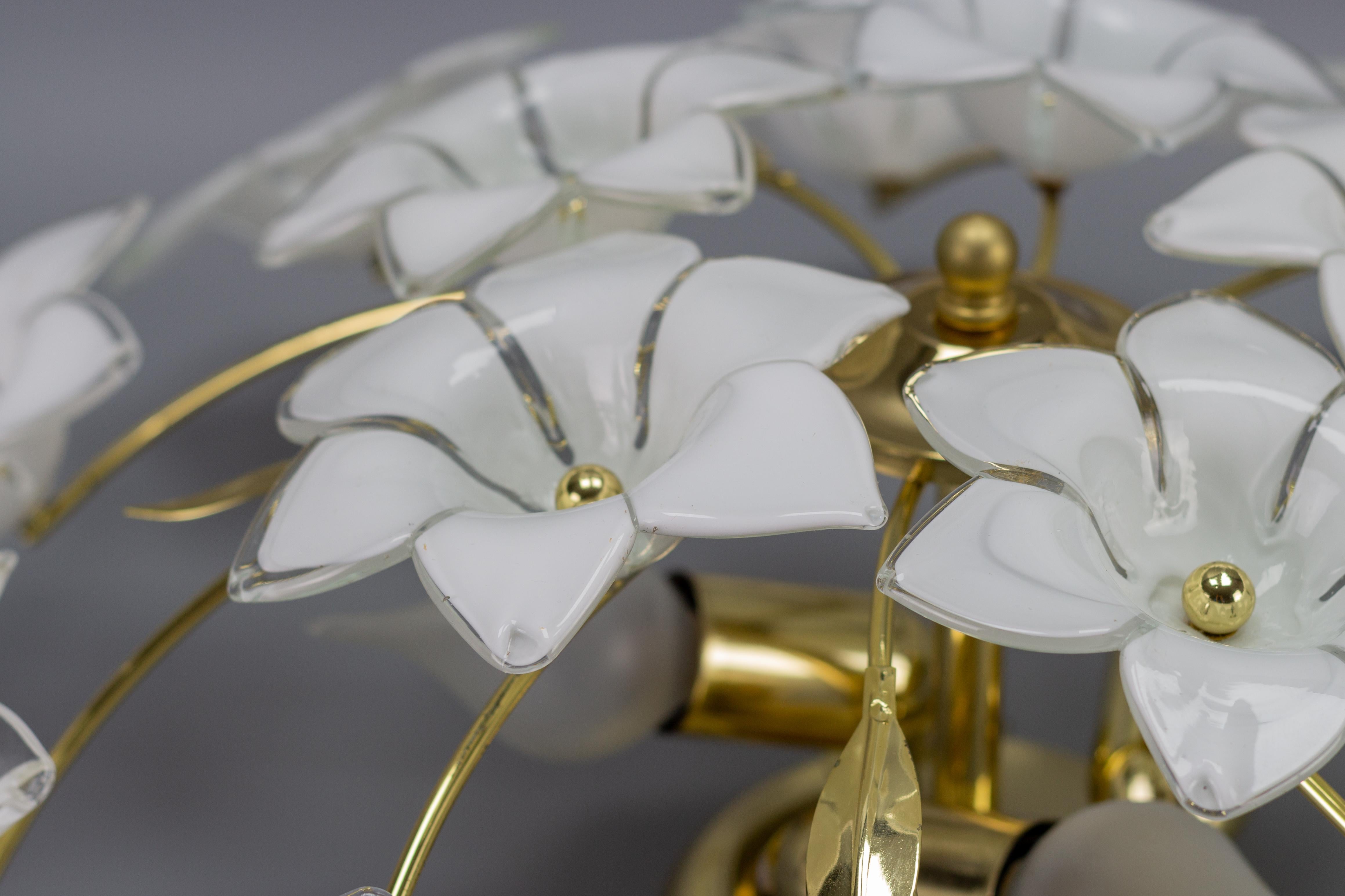 Metal Murano Glass White Flower Ceiling Light or Chandelier by Honsel Leuchten, 1970s