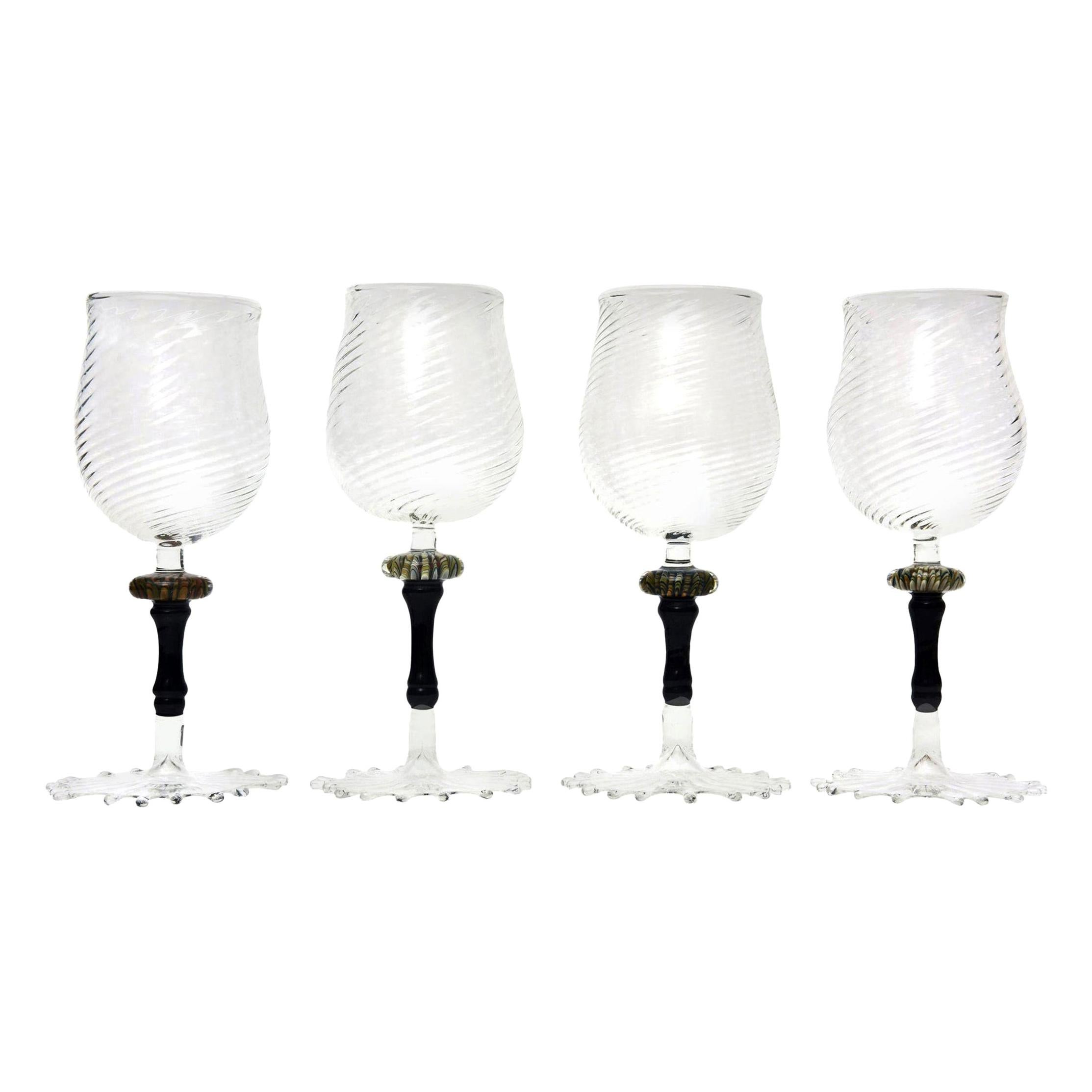 Murano Glass Wine Goblets with Gold Aventurine and Black, Barware S/4 Italian