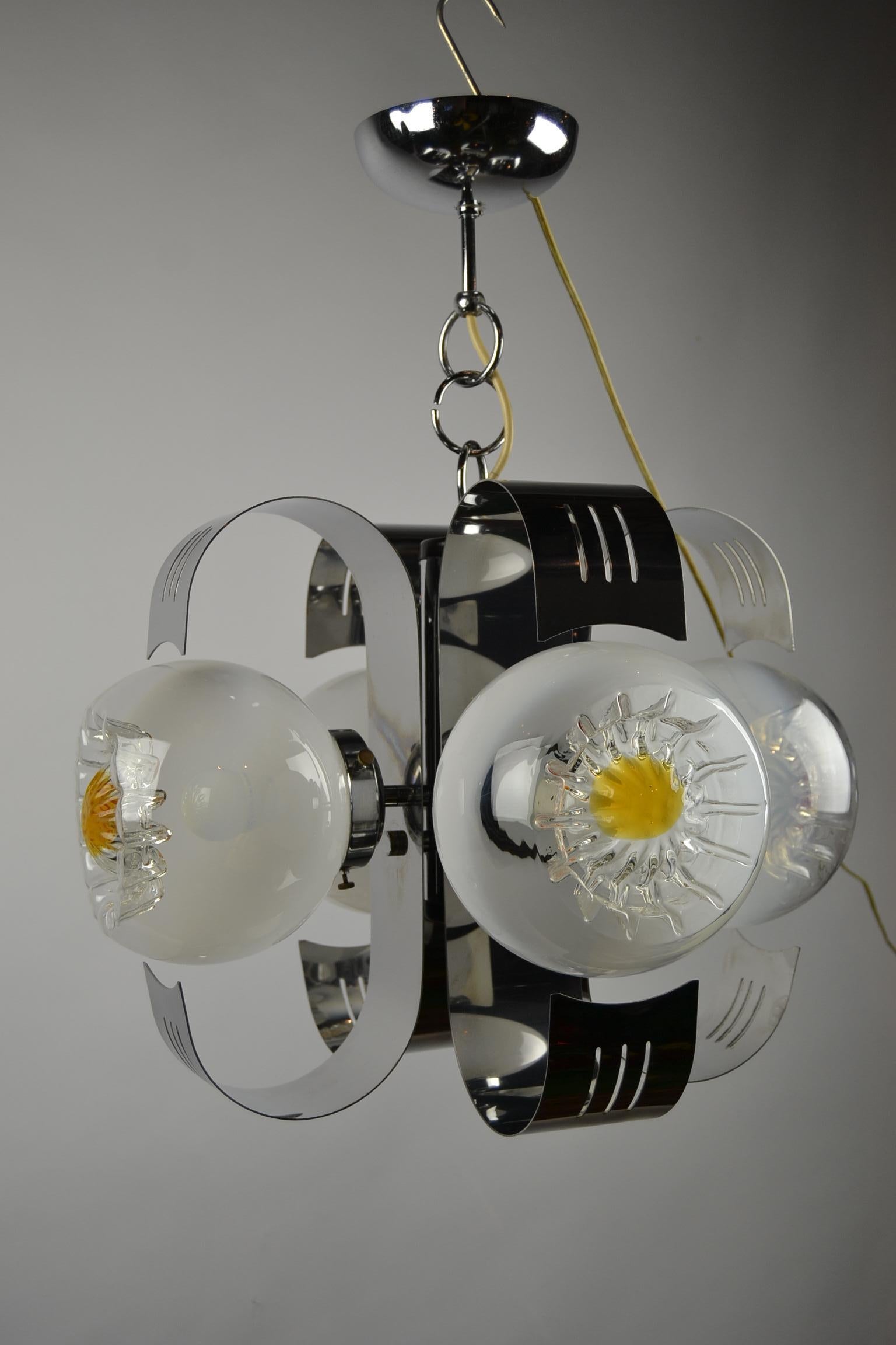 20th Century Murano Glass with Chrome Chandelier by A.V. Mazzega, Italy, 1970s