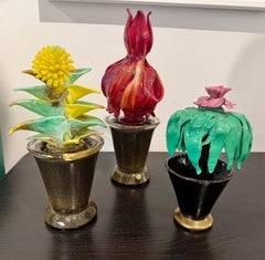 Escultura de un cactus amarillo tipo suculenta de cristal de Murano