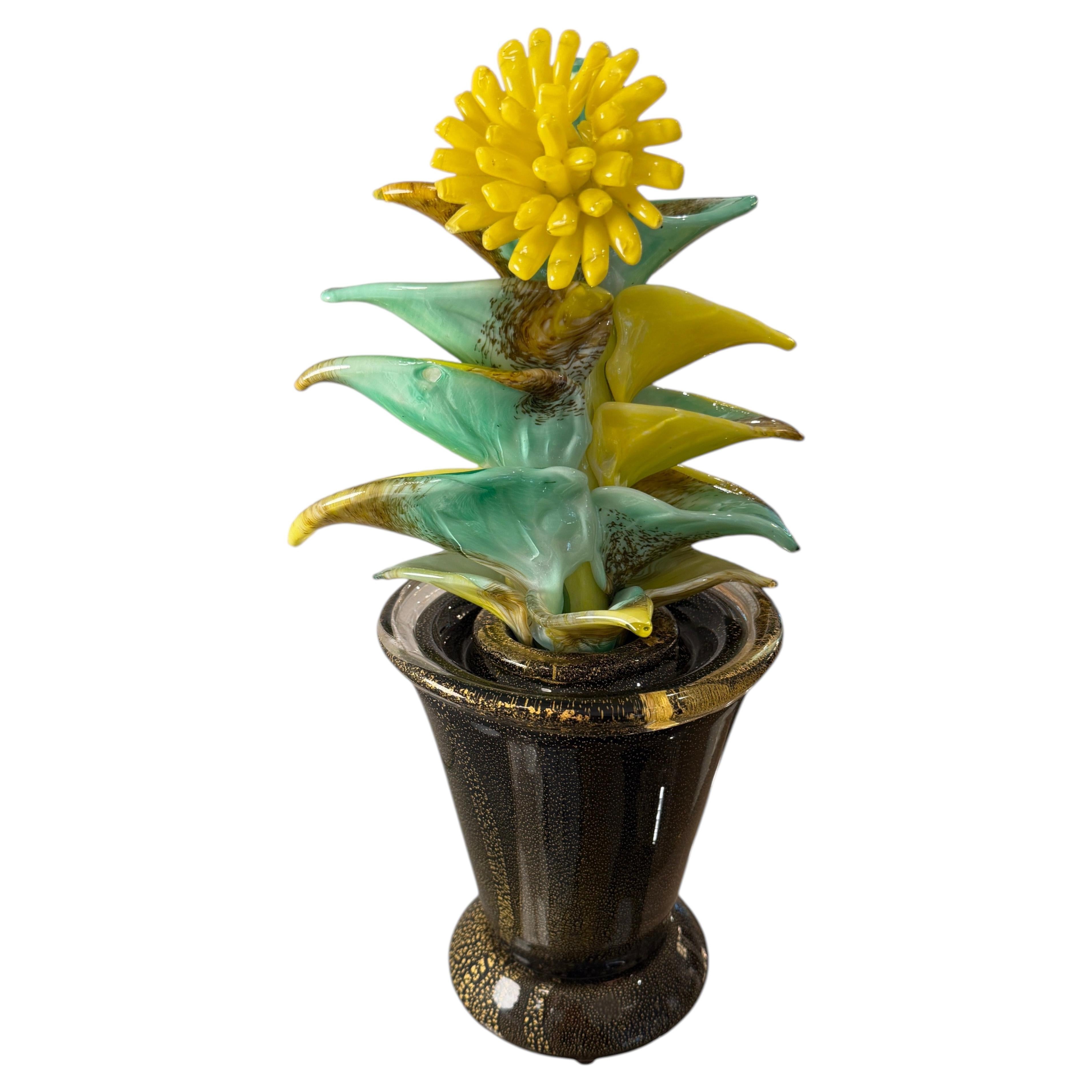 Murano Glass Yellow Cactus Succulent Sculpture For Sale