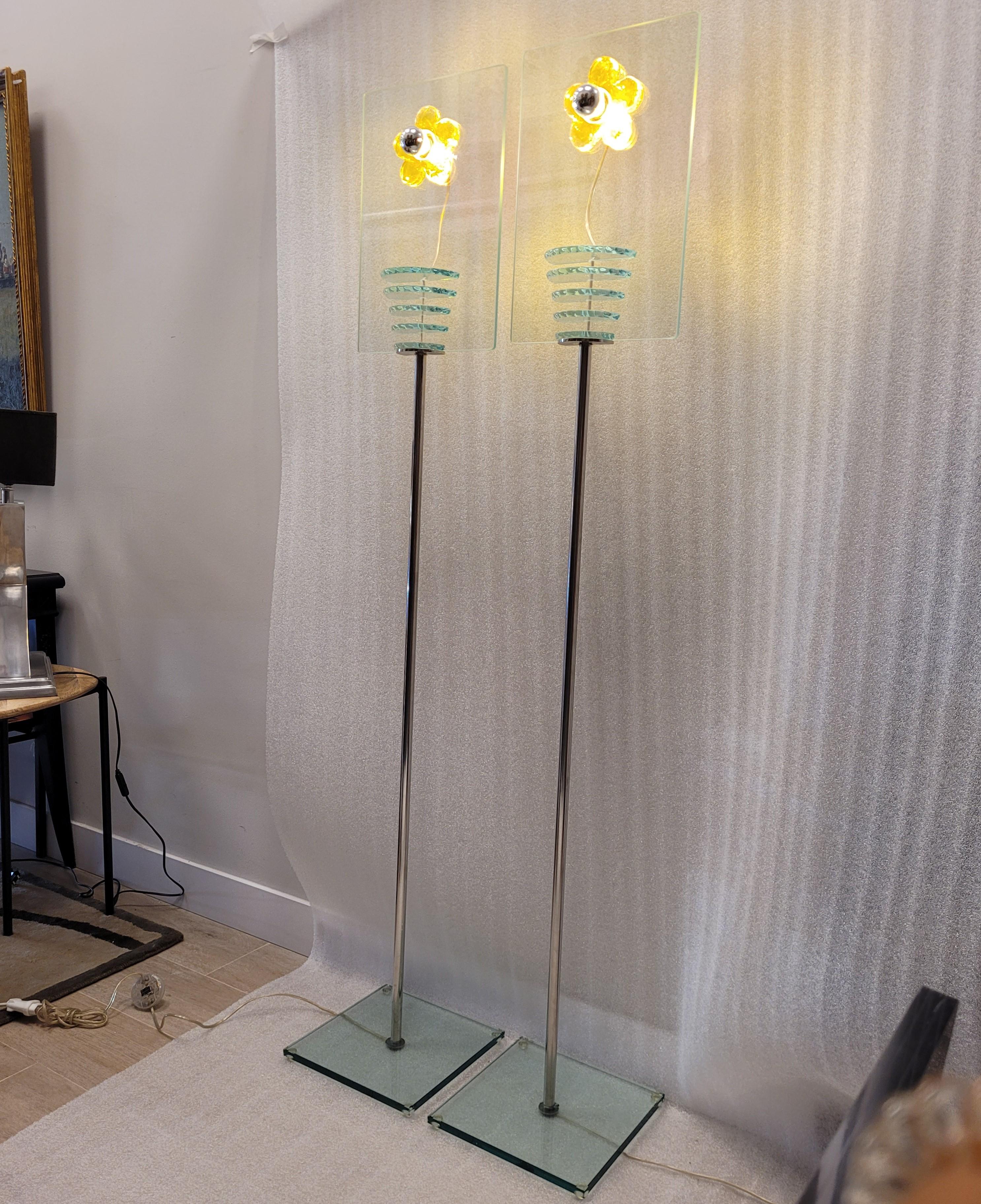 Hand-Crafted Murano glass yellow white pair of Floor lamp by Roche Bobois signed For Sale