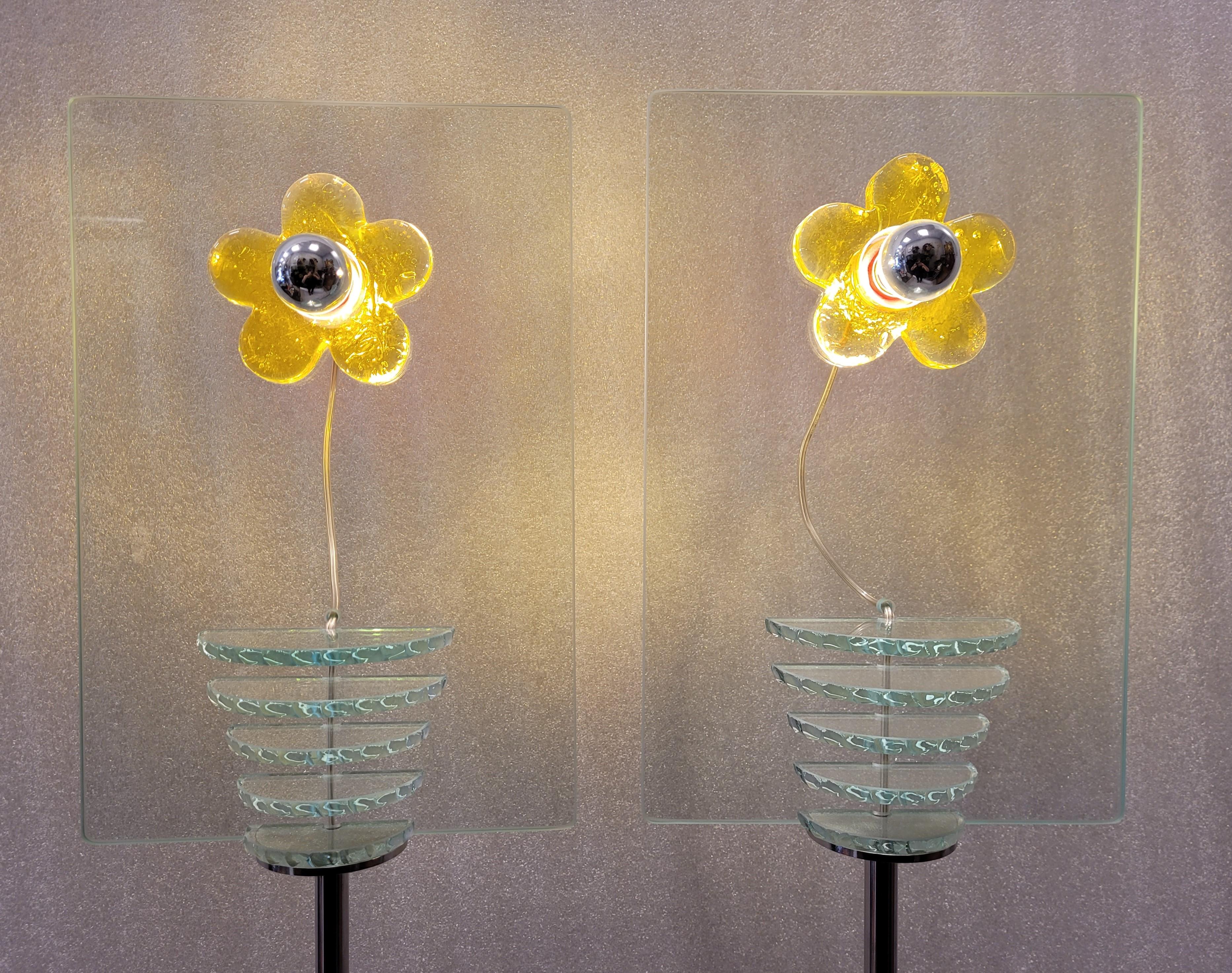 Paire de lampadaires en verre de Murano jaune et blanc signé Roche Bobois Bon état - En vente à Valladolid, ES