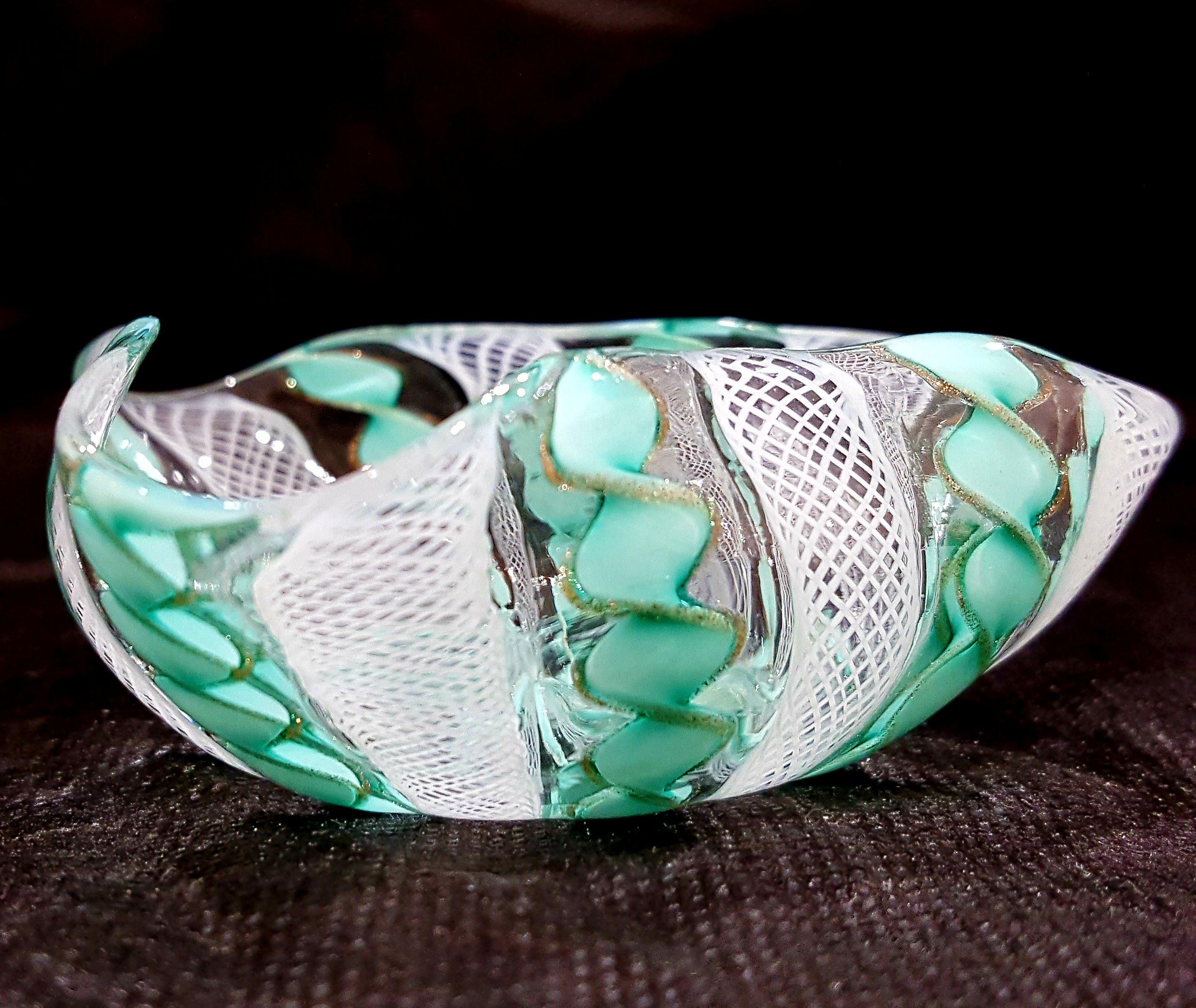 Mid-Century Modern SALE!(ends 12/7) Murano Glass Zanfirico Latticino Ribbon Glass Bowl/Trinket Dish For Sale