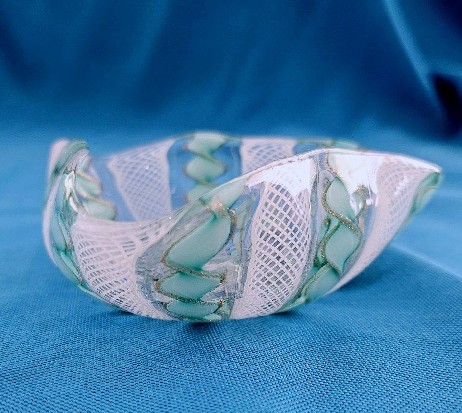 Italian Green, White, Copper Murano Glass Zanfirico Latticino Glass Bowl/Trinket Dish