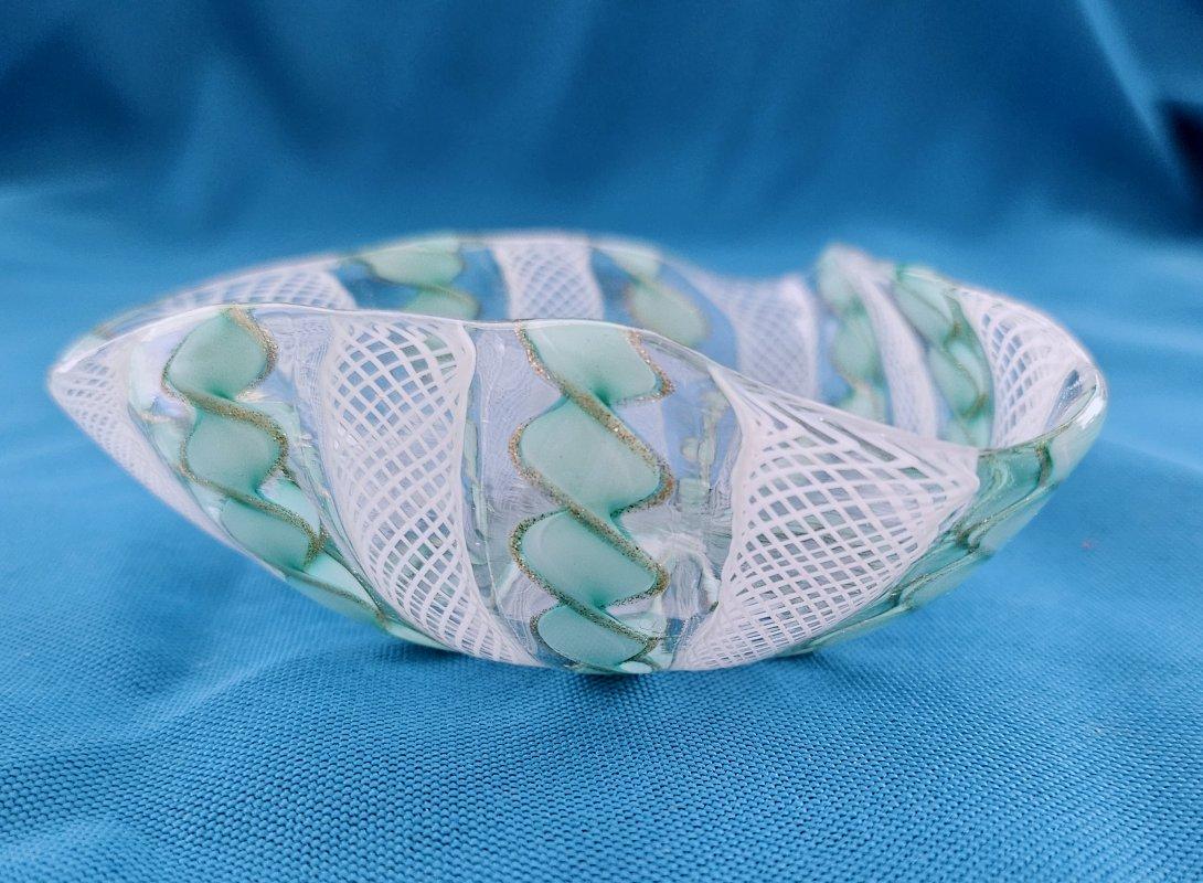 Caning Green, White, Copper Murano Glass Zanfirico Latticino Glass Bowl/Trinket Dish