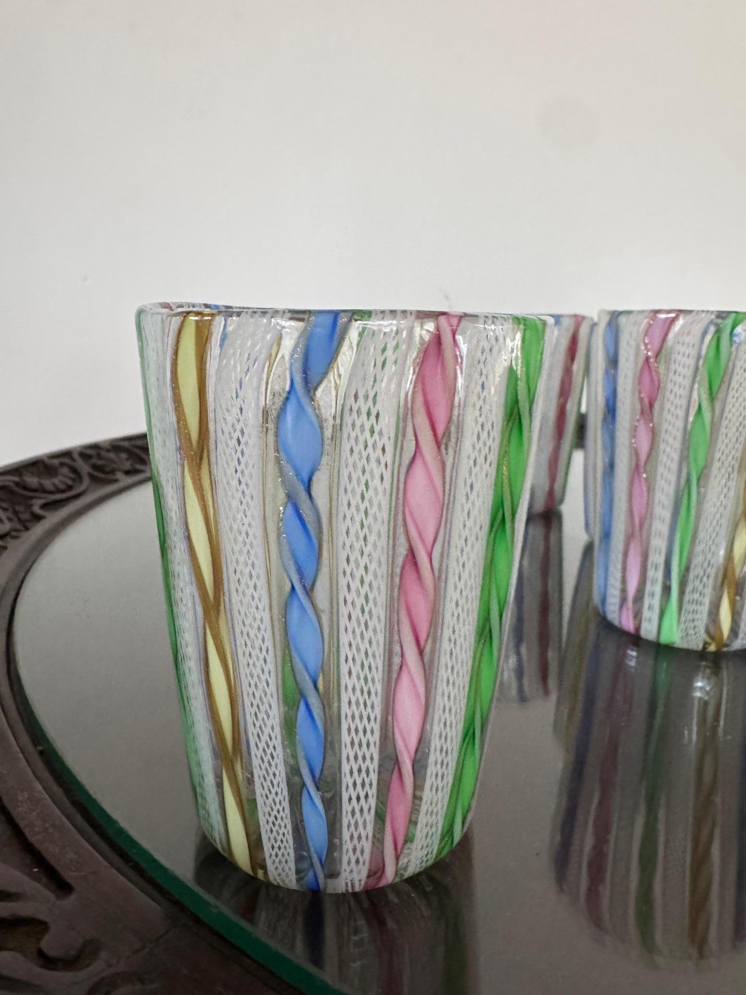 Mid-Century Modern Murano Glass ‘Zanfirico’ Pitcher and Cups attr. To Fratelli Toso, circa 1960s For Sale