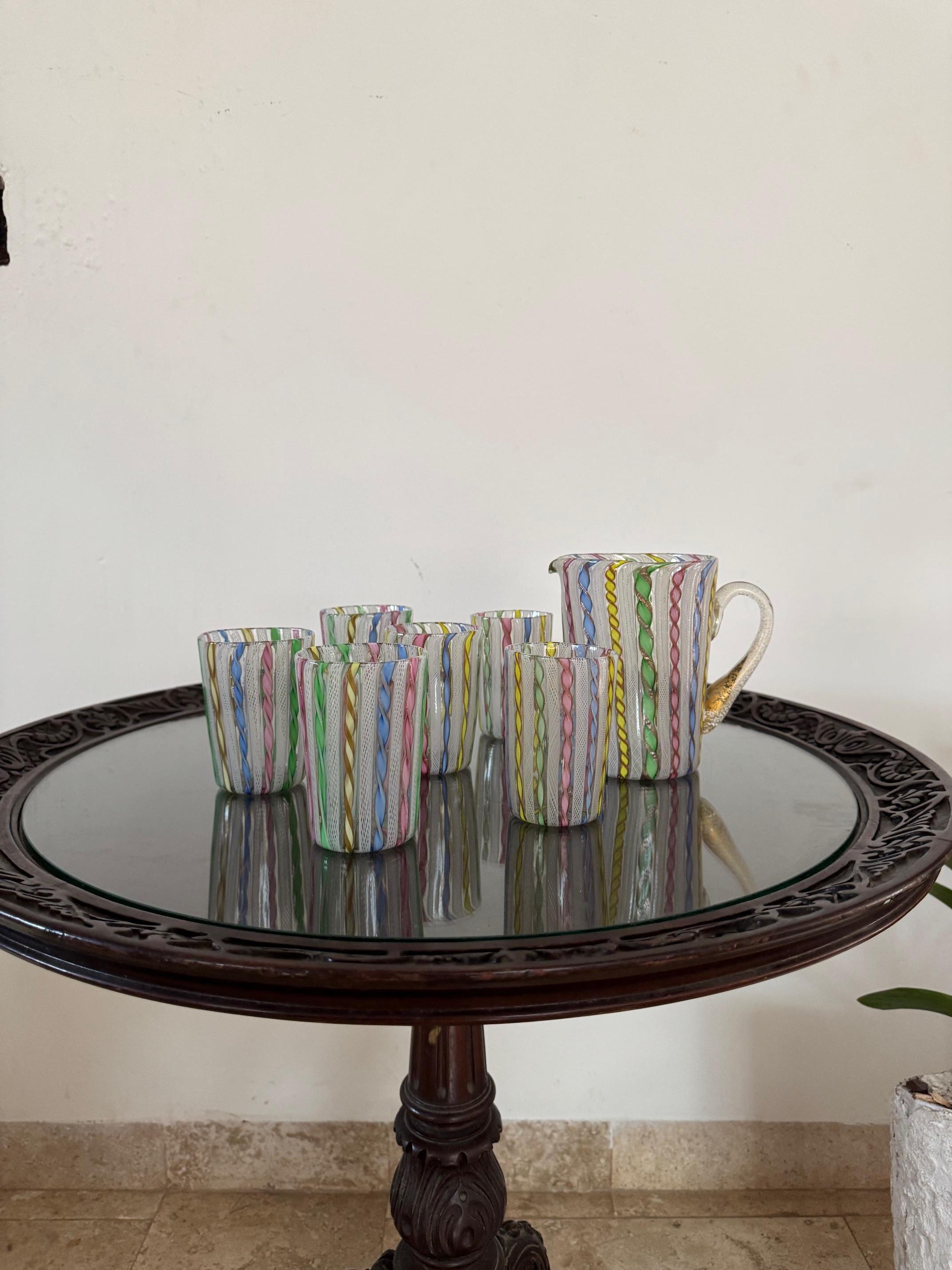 Italian Murano Glass ‘Zanfirico’ Pitcher and Cups attr. To Fratelli Toso, circa 1960s For Sale