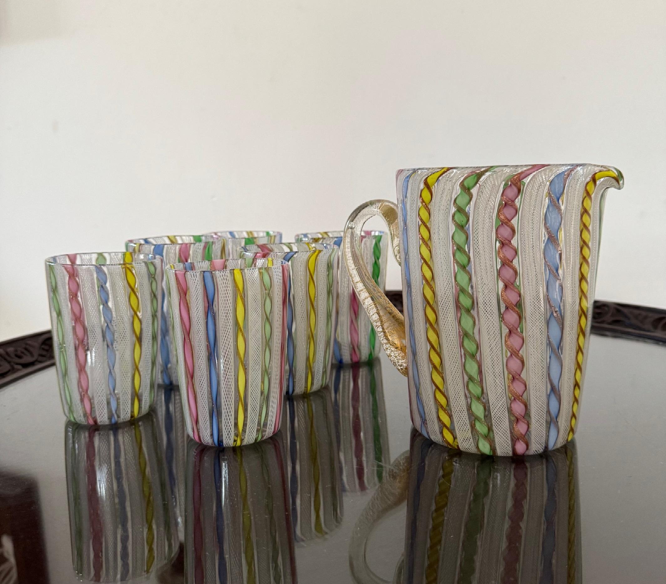 Murano Glass ‘Zanfirico’ Pitcher and Cups attr. To Fratelli Toso, circa 1960s For Sale 3