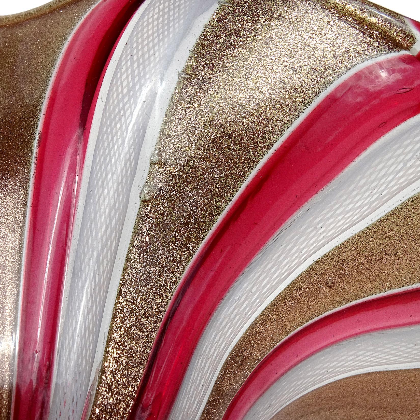 Mid-Century Modern Murano Glittery Copper Aventurine Red White Ribbons Italian Art Glass Bowl Dish For Sale