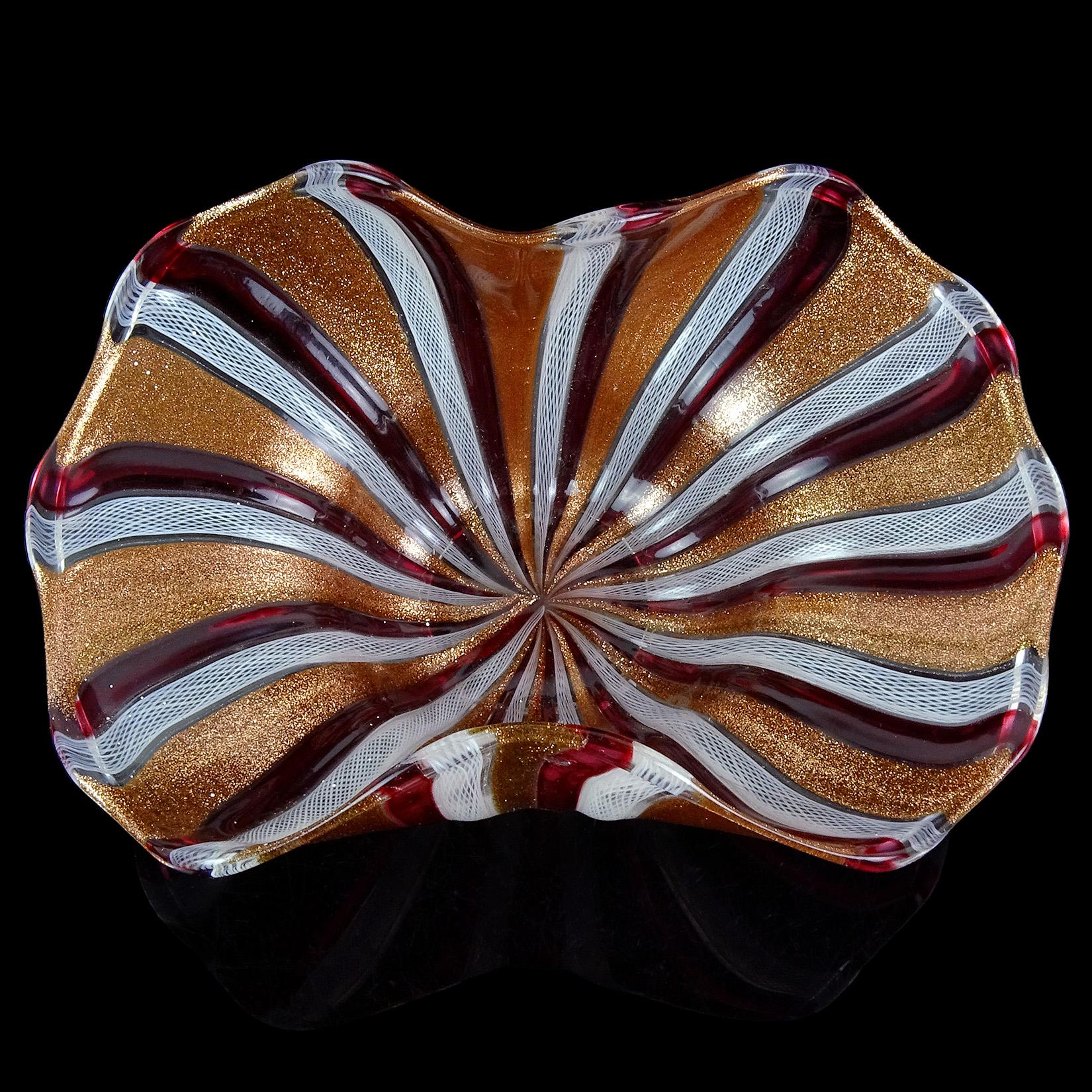 Hand-Crafted Murano Glittery Copper Aventurine Red White Ribbons Italian Art Glass Bowl Dish For Sale