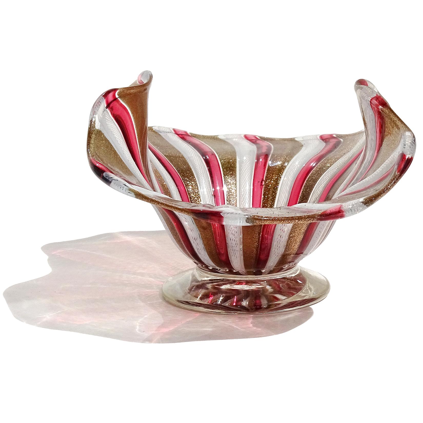 20th Century Murano Glittery Copper Aventurine Red White Ribbons Italian Art Glass Bowl Dish For Sale