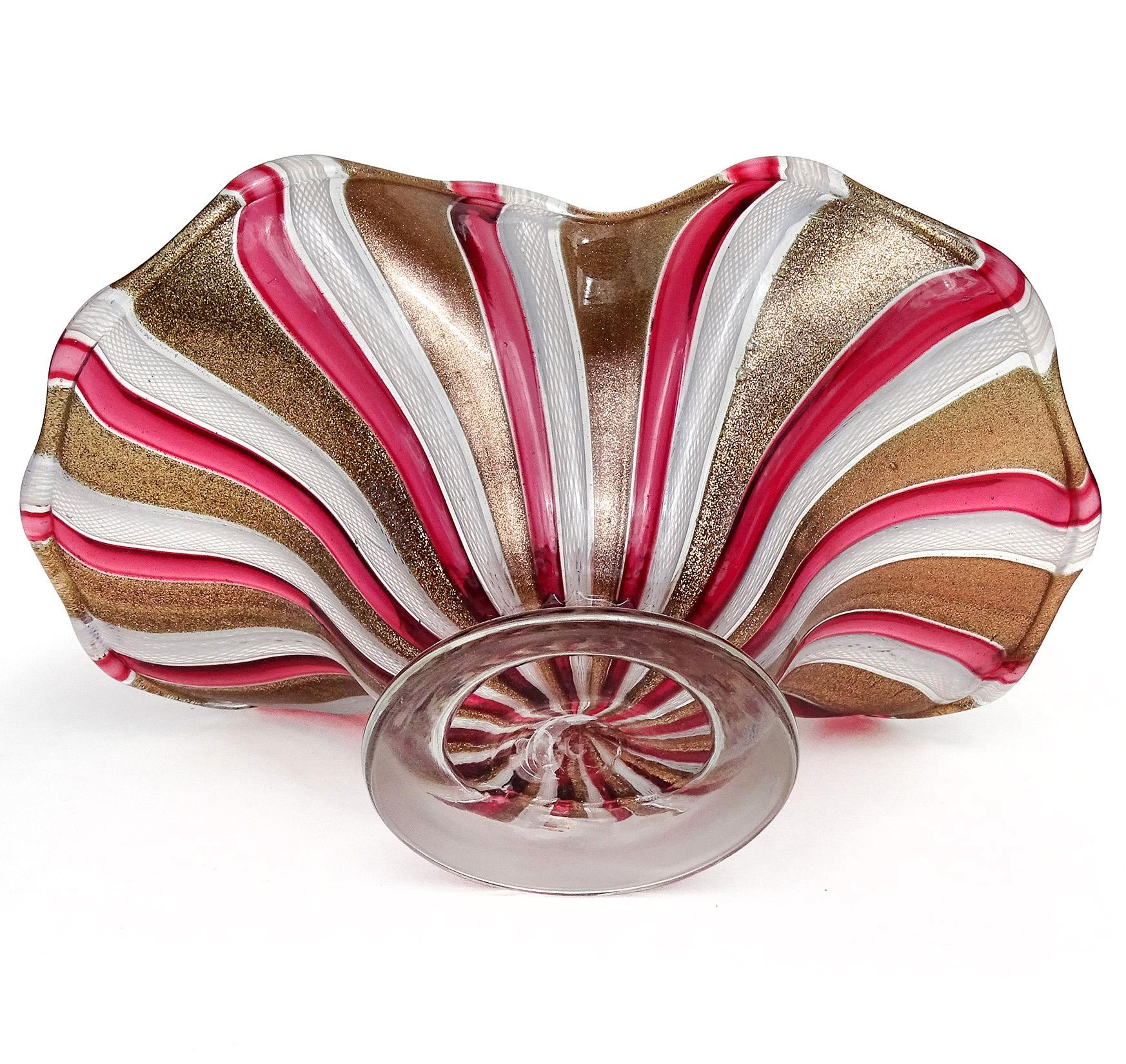 Murano Glittery Copper Aventurine Red White Ribbons Italian Art Glass Bowl Dish For Sale 1
