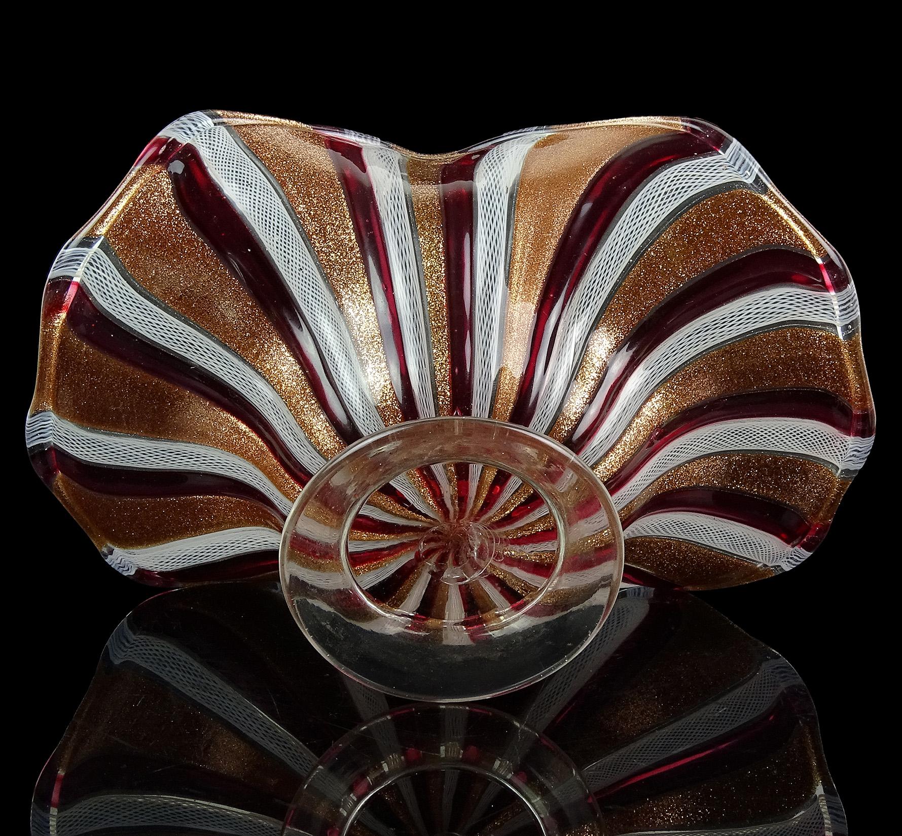 Murano Glittery Copper Aventurine Red White Ribbons Italian Art Glass Bowl Dish For Sale 2