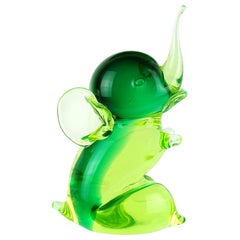 Vintage Murano Glowing Uranium Green Italian Art Glass Baby Elephant Sculpture Figurine