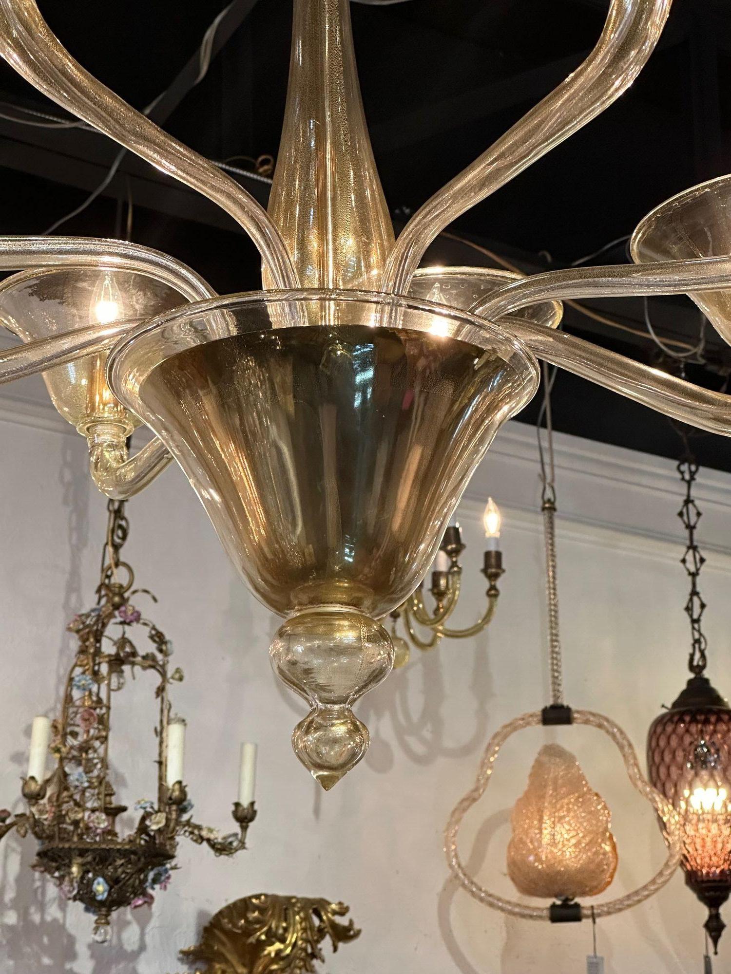 Contemporary Murano Gold 8 Arm Chandelier For Sale