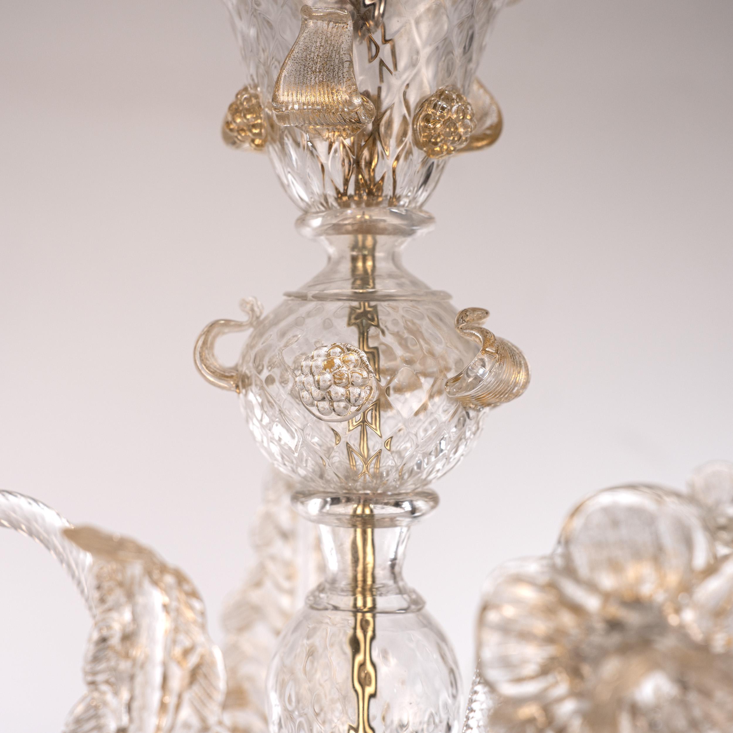 Murano Oro y cristal transparente araña de 6 luces, Vintage Made in Italy en stock Latón en venta