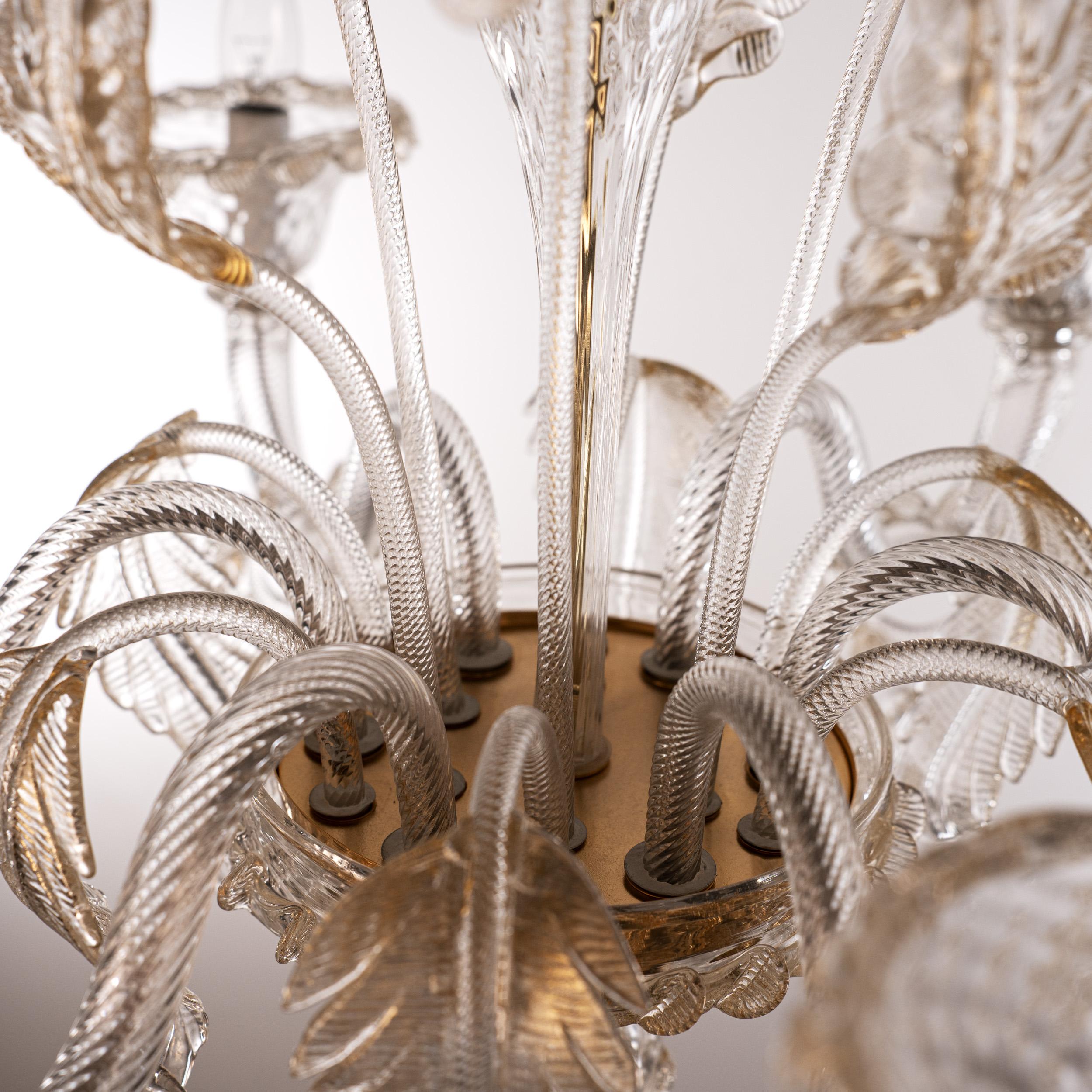Murano Oro y cristal transparente araña de 6 luces, Vintage Made in Italy en stock en venta 1