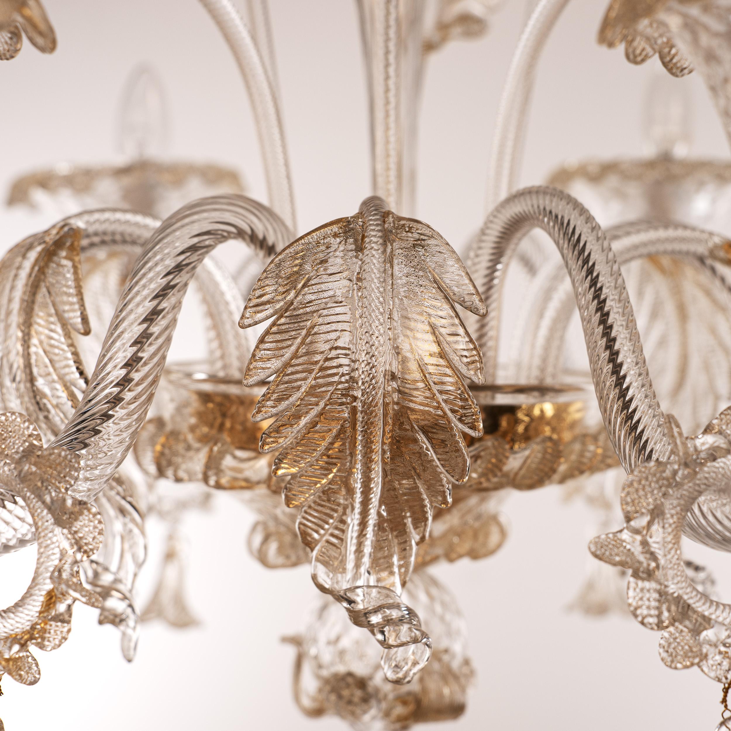 Murano Oro y cristal transparente araña de 6 luces, Vintage Made in Italy en stock en venta 2