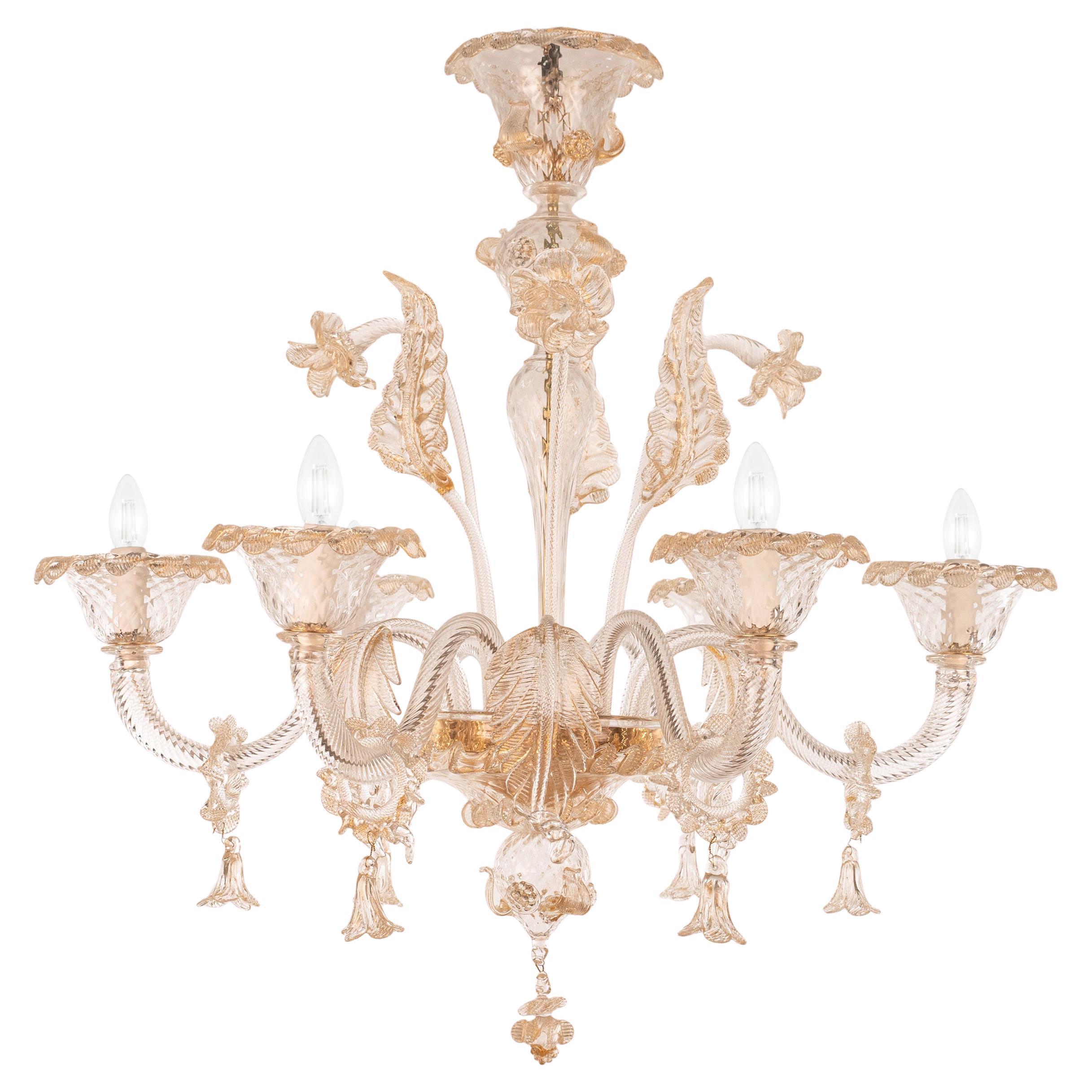 Murano Oro y cristal transparente araña de 6 luces, Vintage Made in Italy en stock en venta