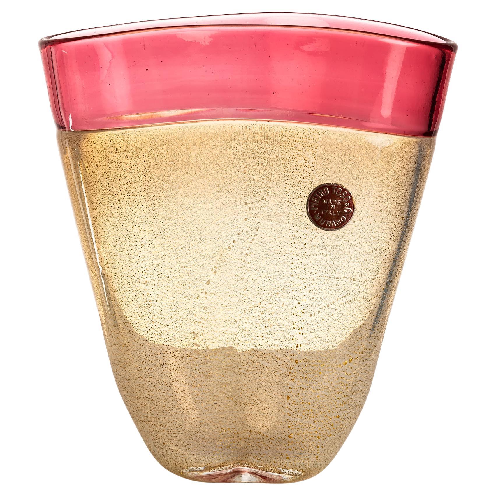 Vase en verre doré et rose de Murano par Pietro Toso avec Label, Italie