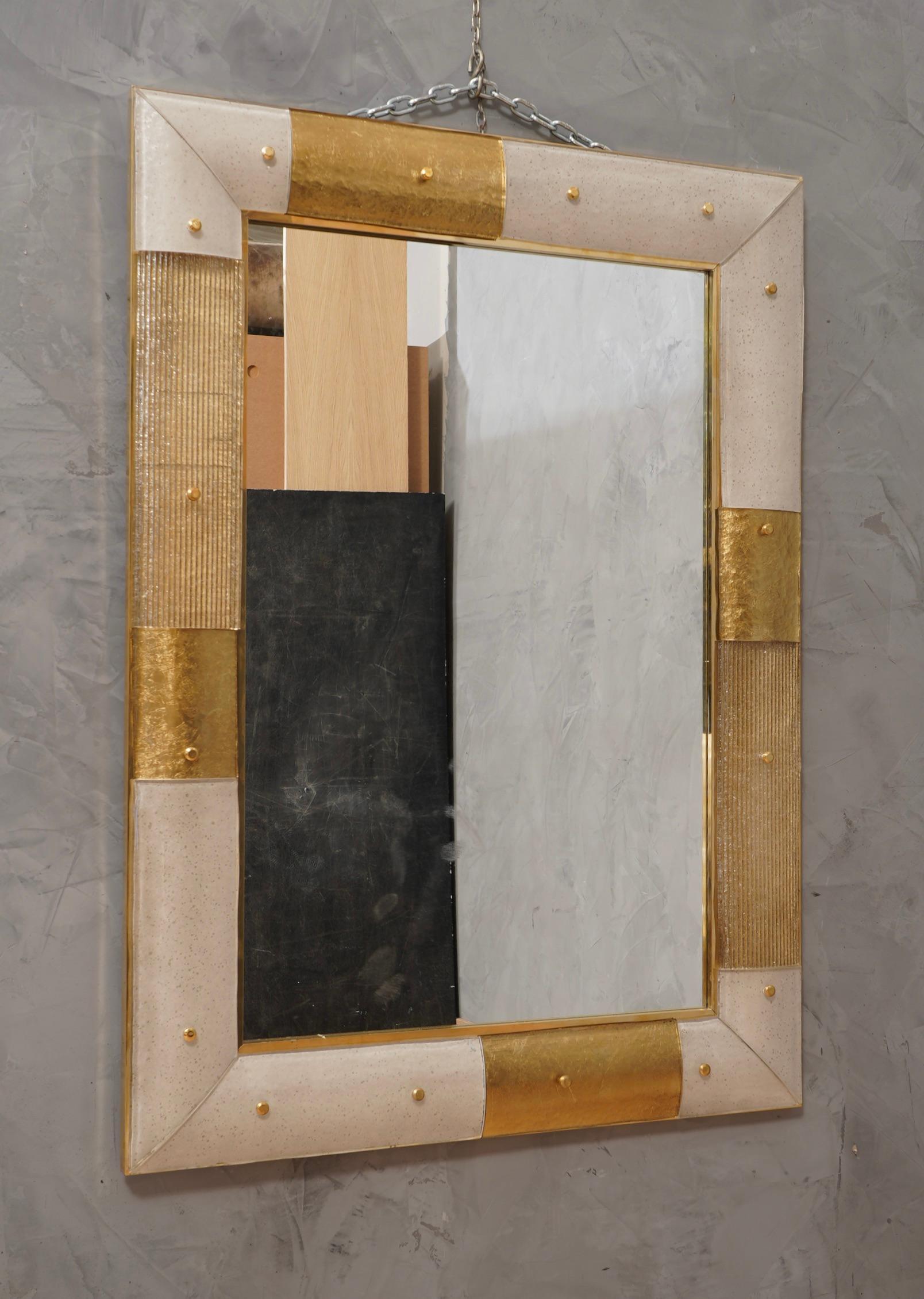 Murano Gold and White Color Glass and Brass Wall Mirror, 1980 In Good Condition For Sale In Rome, IT