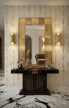 Murano Gold Art Glass and Brass Mid-Century Italian Console Wall Mirror, 2020