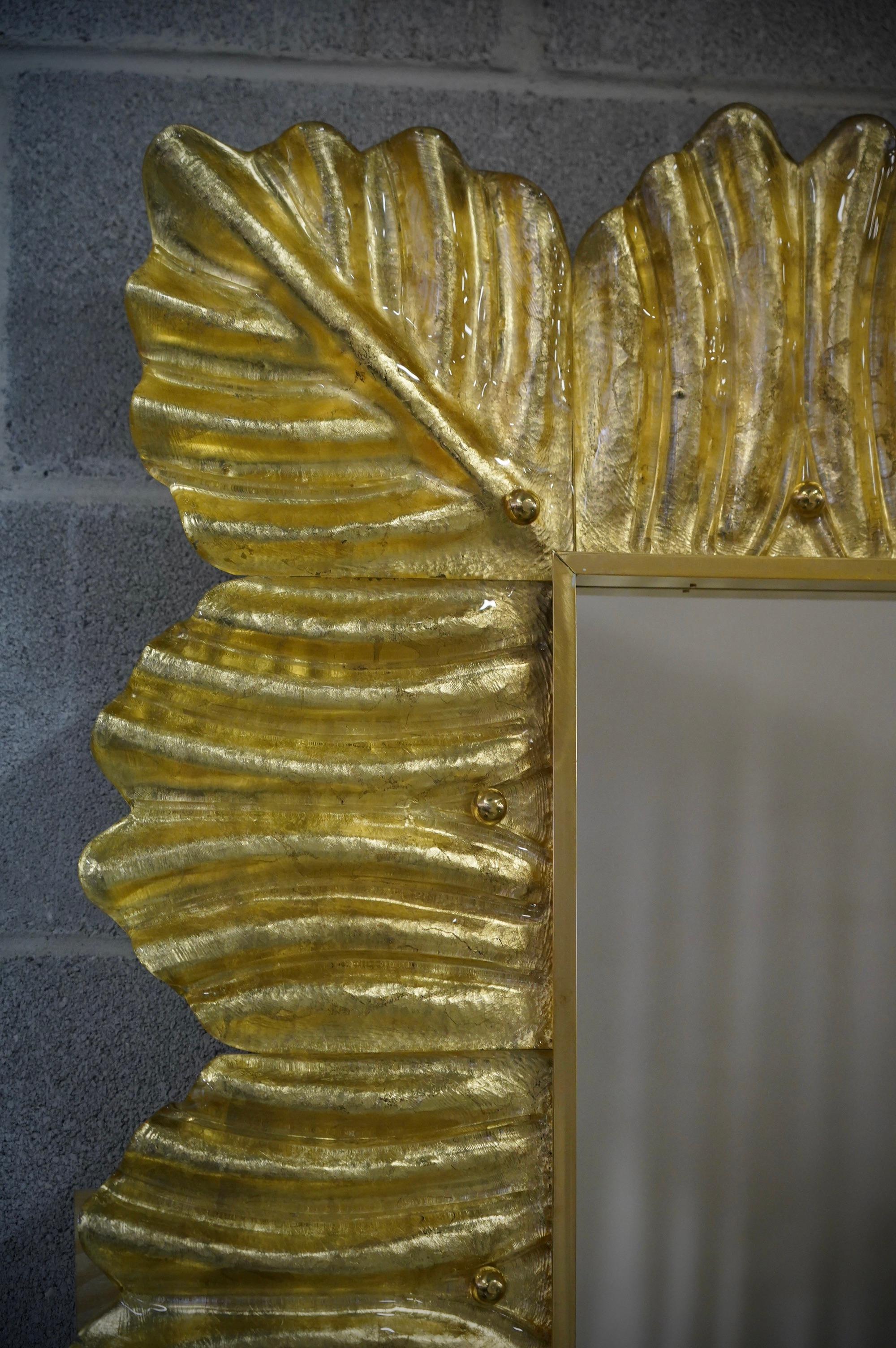 Mid-Century Modern Murano Gold Color Glass and Brass Mid-Century Wall Mirror, 2000 For Sale