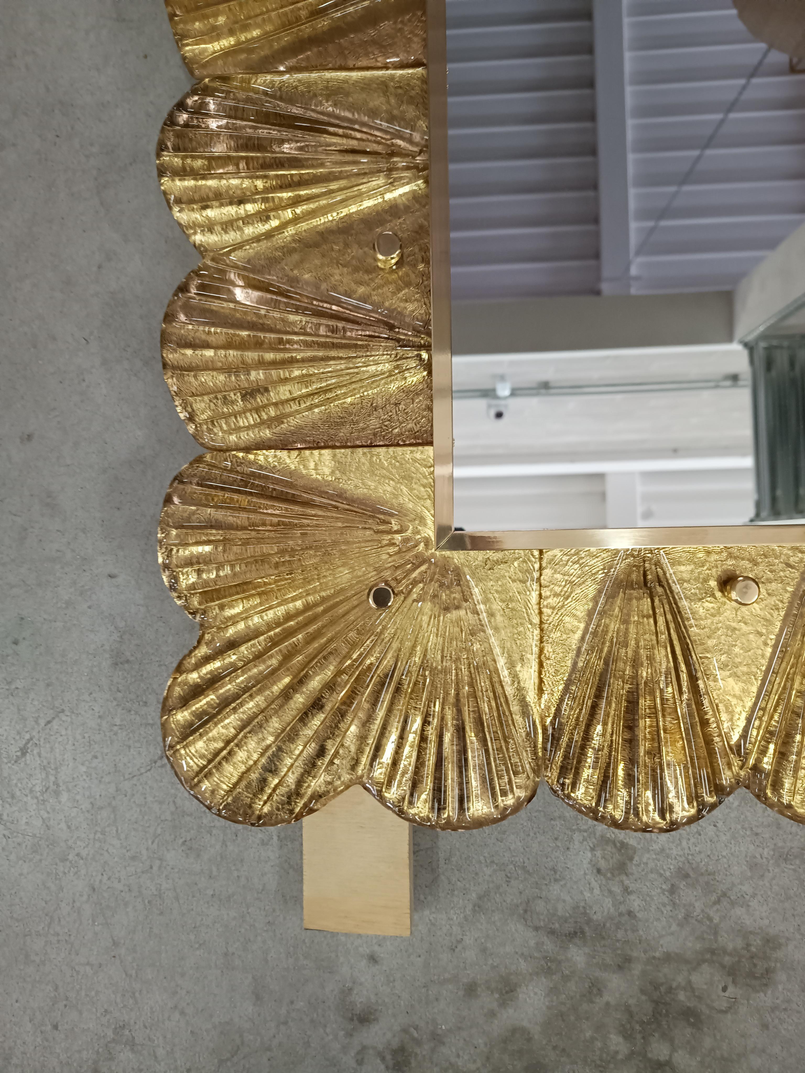 Italian Murano Gold Color Glass and Brass Mid-Century Wall Mirror, 2000 For Sale