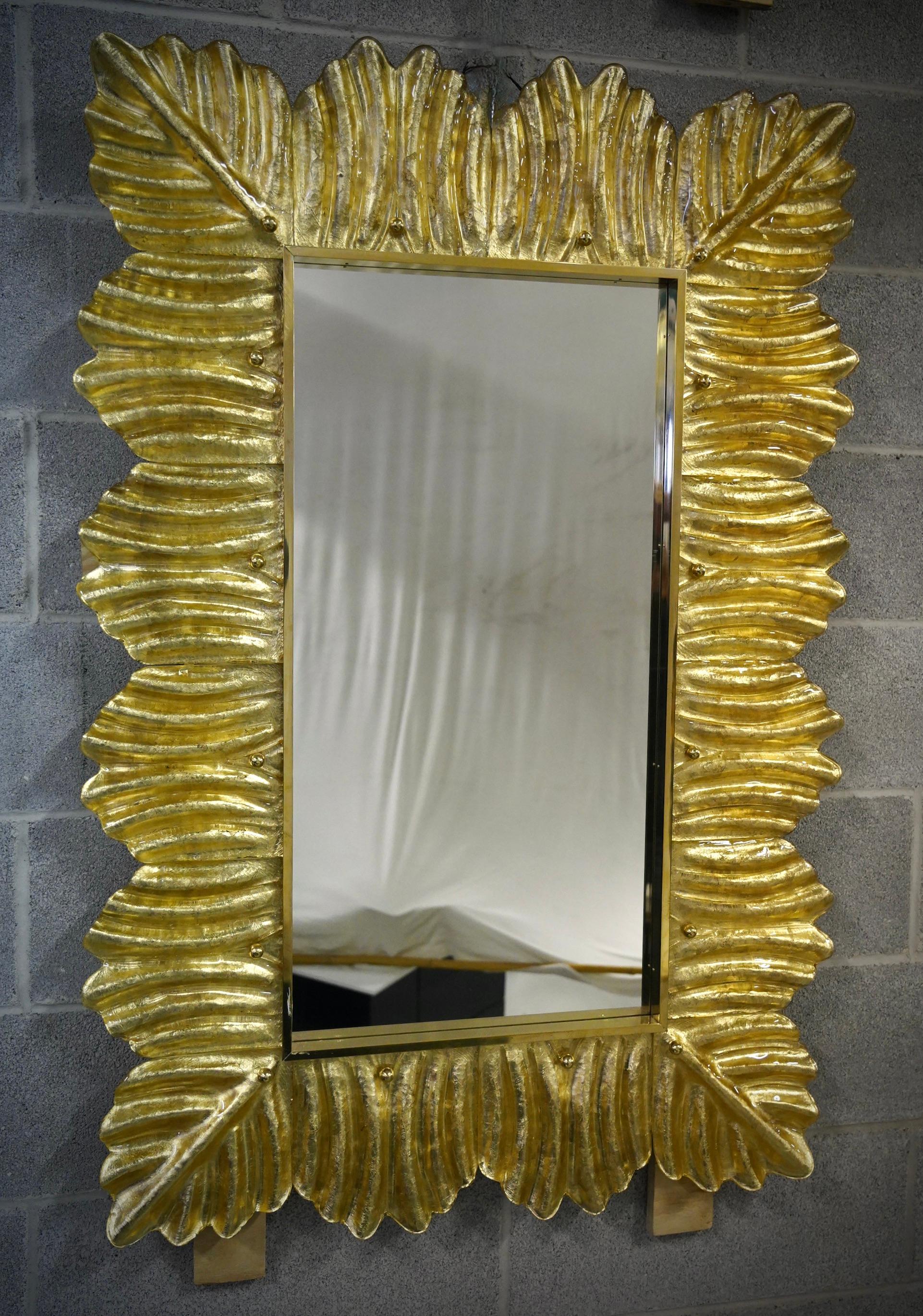 Contemporary Murano Gold Color Glass and Brass Mid-Century Wall Mirror, 2000 For Sale