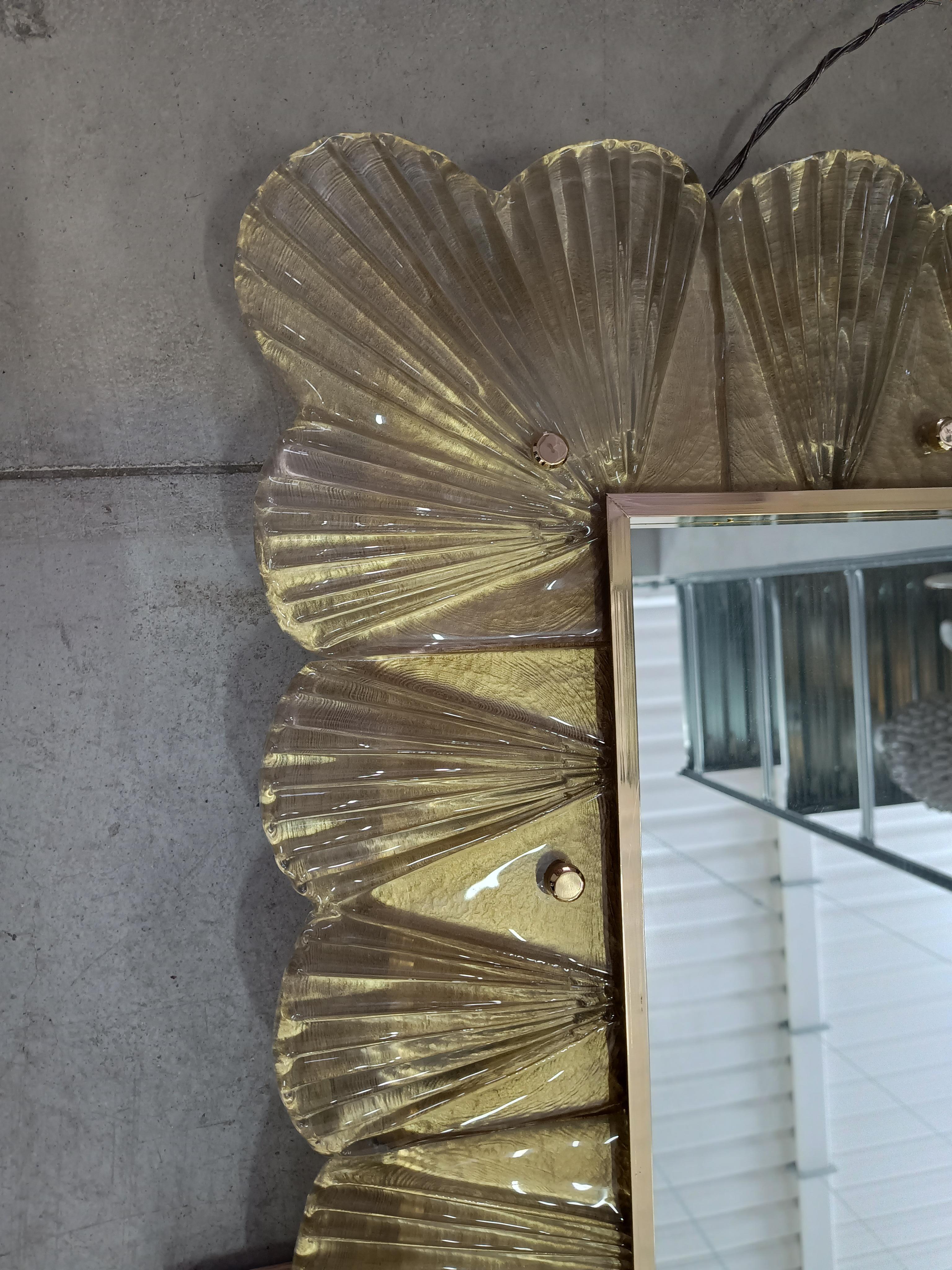 Contemporary Murano Amber/Fume' Color Glass and Brass Mid-Century Wall Mirror, 2000 For Sale