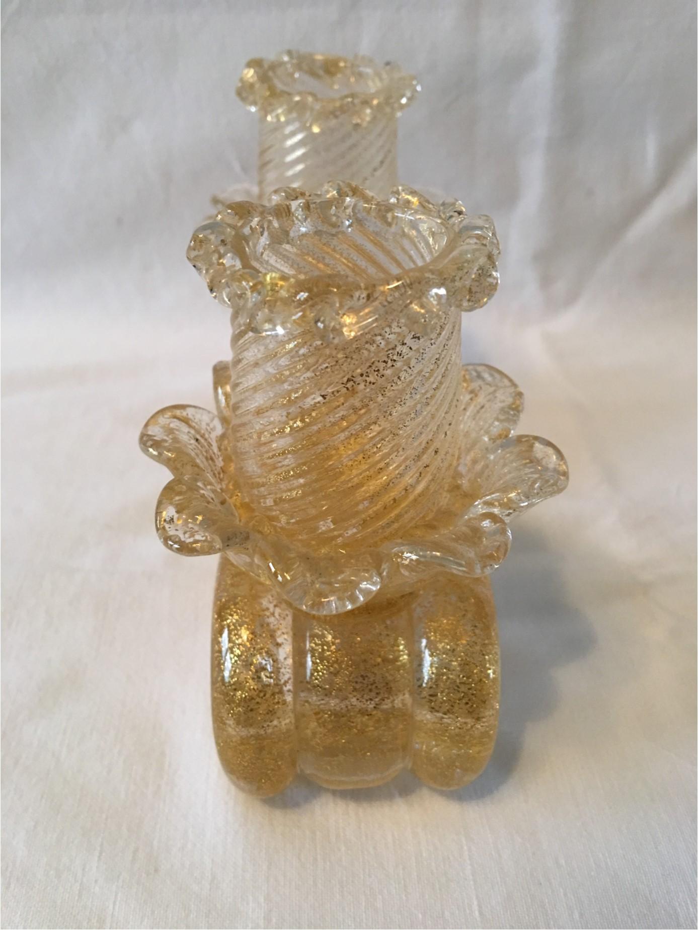 Murano Gold Flake Glass Candleholder Barovier e Toso Style, 1950s For Sale 4