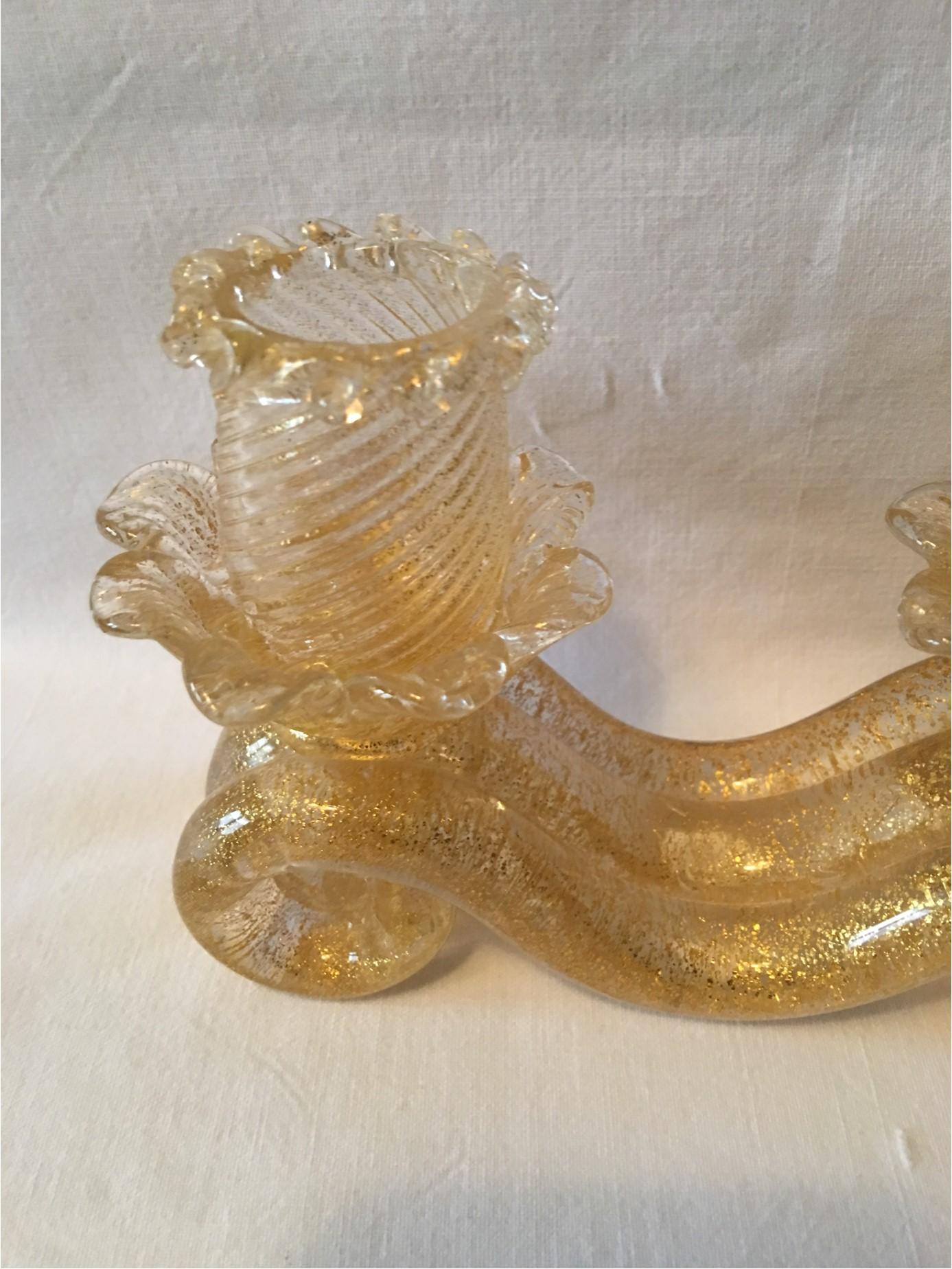 Italian Murano Gold Flake Glass Candleholder Barovier e Toso Style, 1950s For Sale