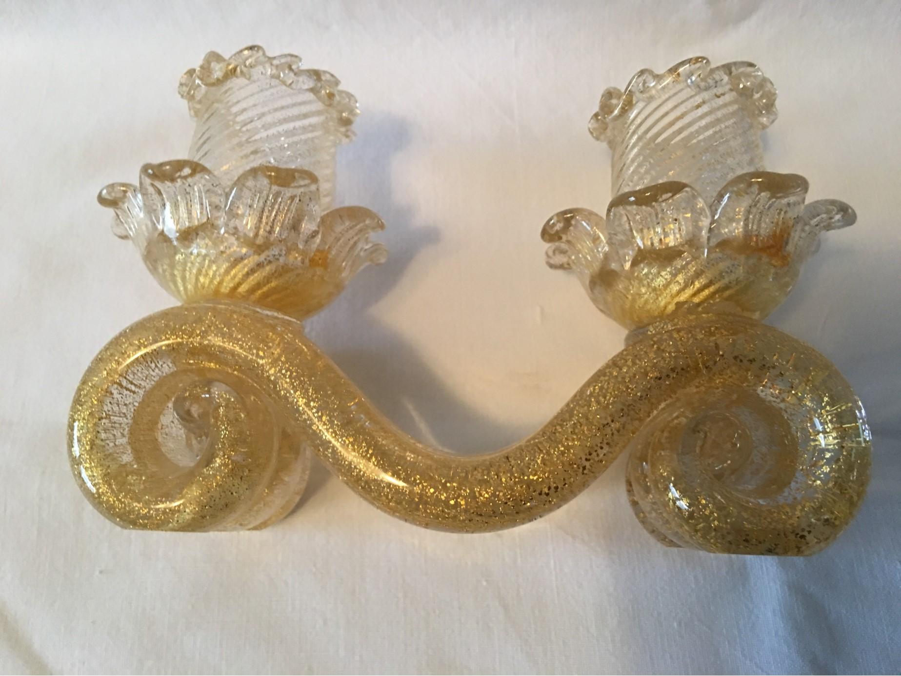Murano Glass Murano Gold Flake Glass Candleholder Barovier e Toso Style, 1950s For Sale