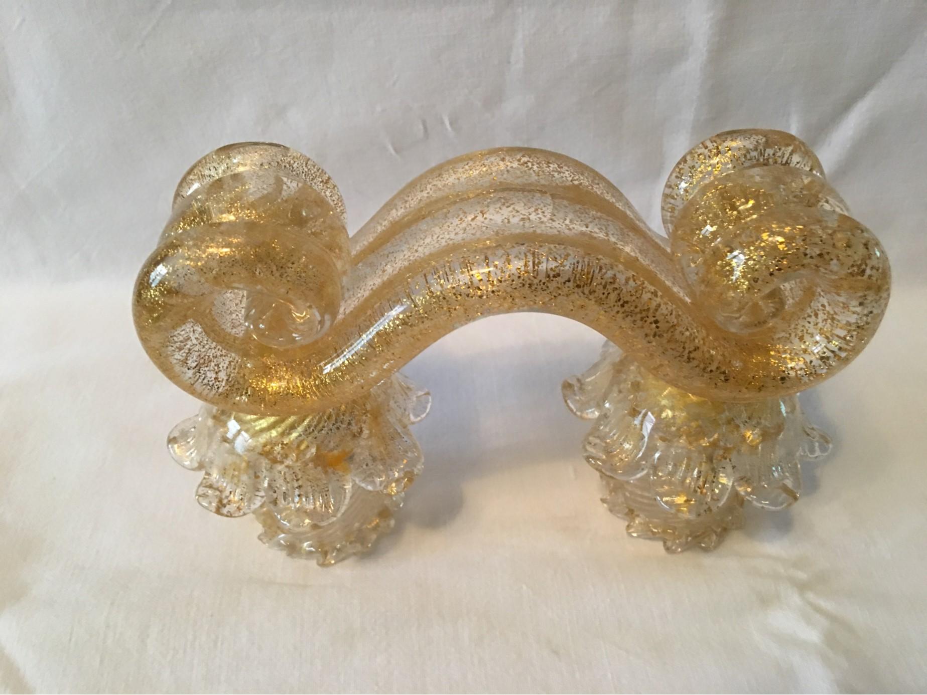 Murano Gold Flake Glass Candleholder Barovier e Toso Style, 1950s For Sale 1