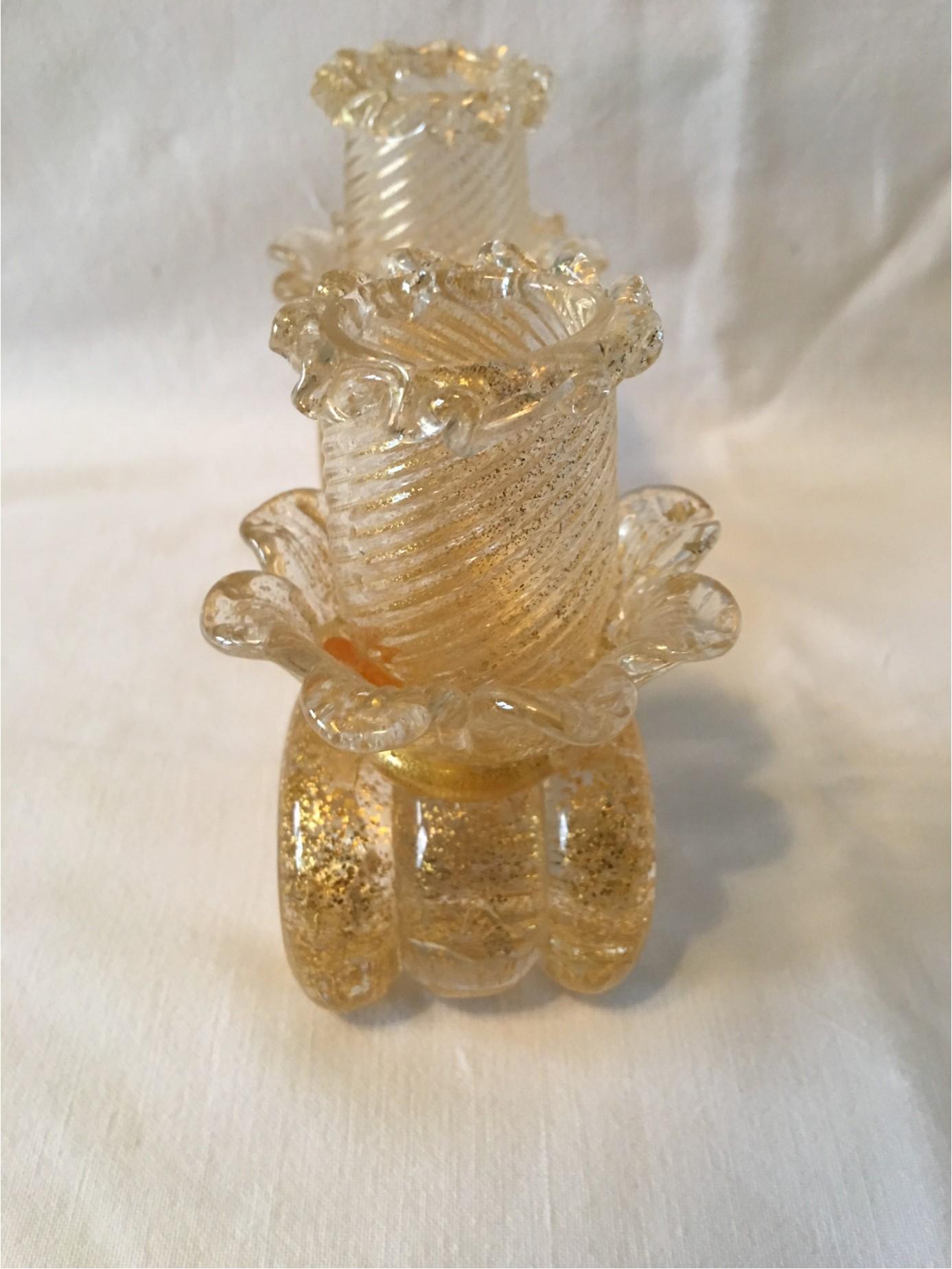 Murano Gold Flake Glass Candleholder Barovier e Toso Style, 1950s For Sale 2