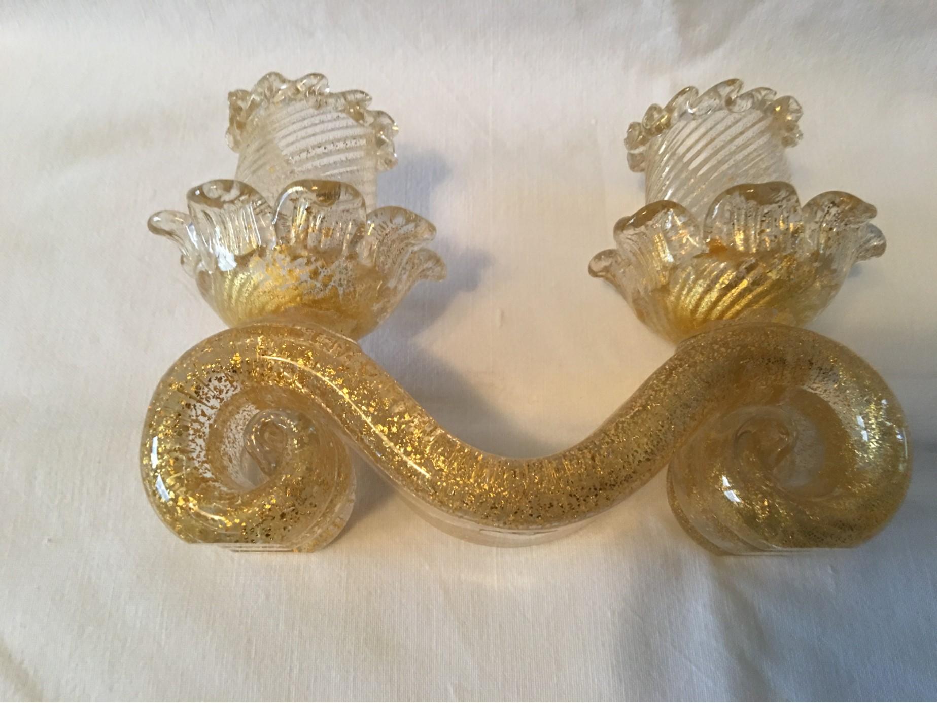 Murano Gold Flake Glass Candleholder Barovier e Toso Style, 1950s For Sale 3