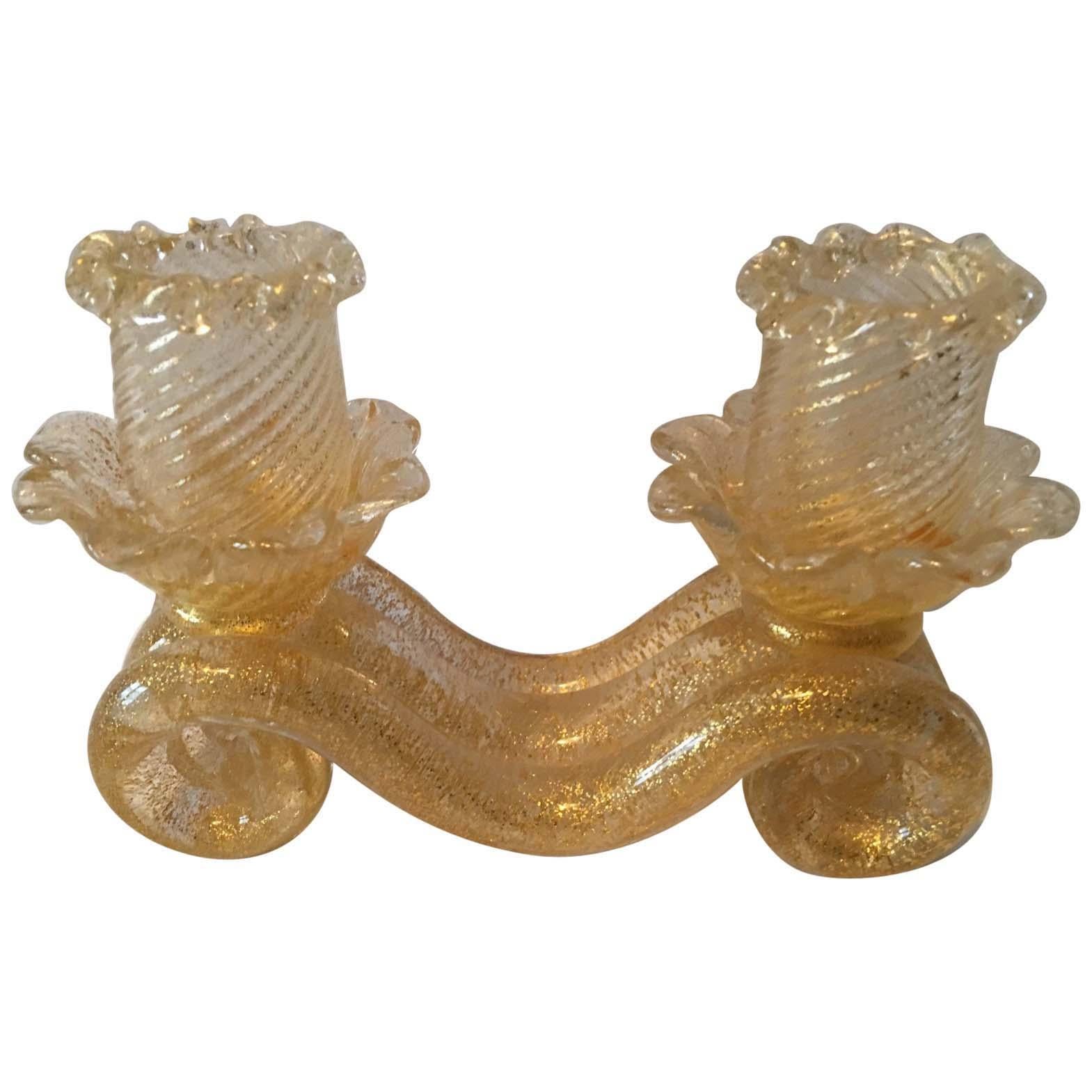 Murano Gold Flake Glass Candleholder Barovier e Toso Style, 1950s For Sale