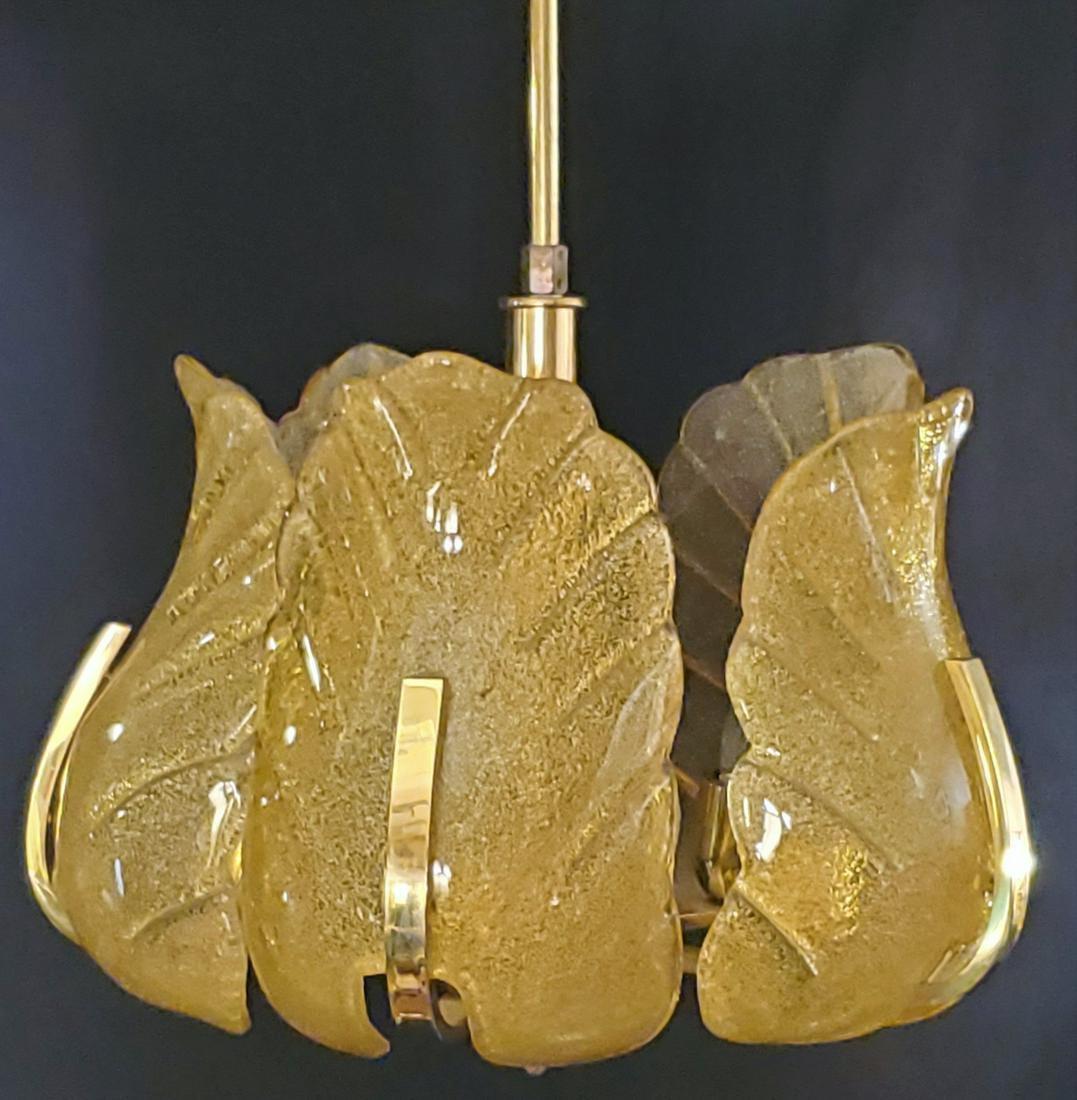 Mid-Century Modern Murano Gold Fleck Glass Panels Brass Frame Chandelier For Sale