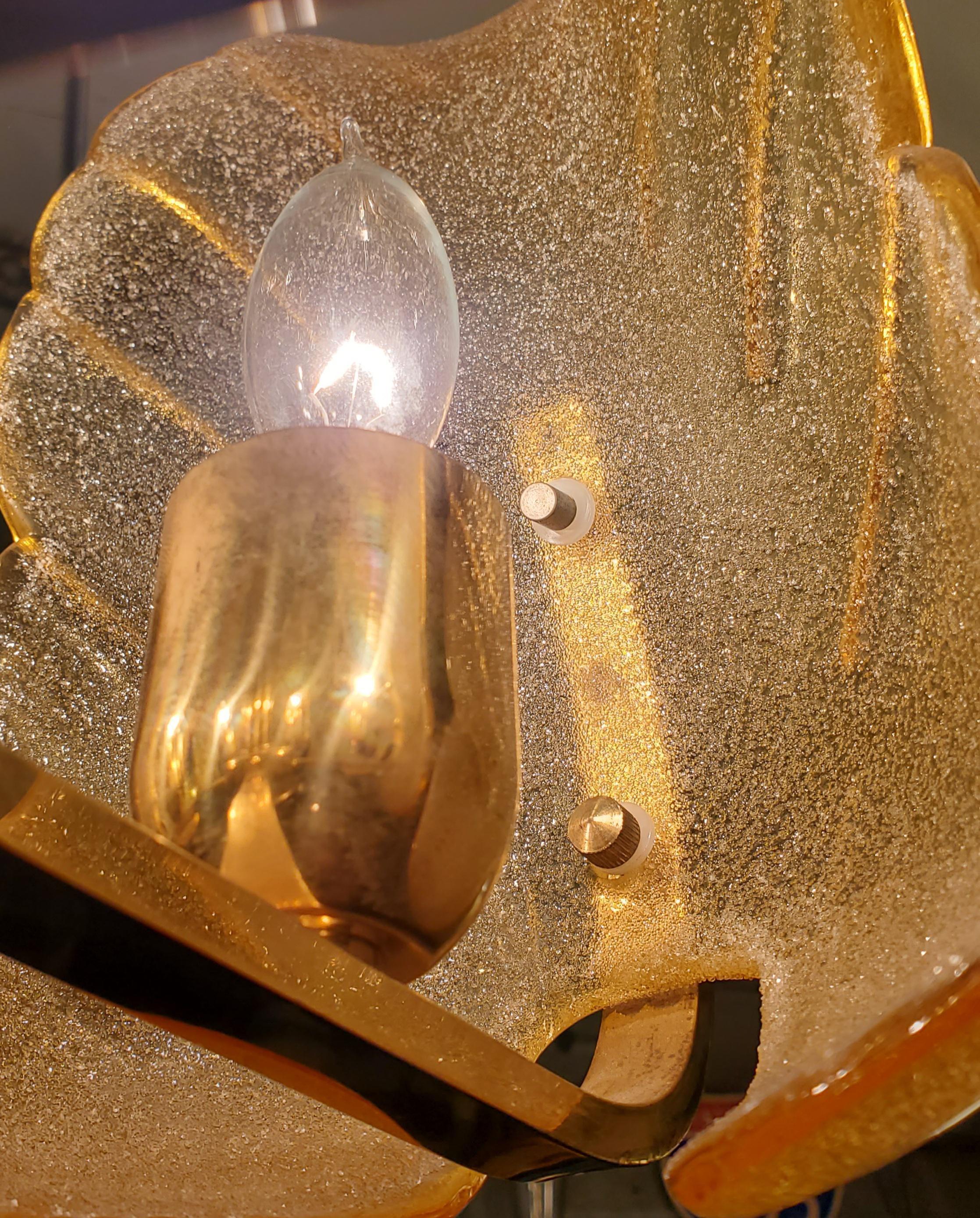 European Murano Gold Fleck Glass Panels Brass Frame Chandelier For Sale
