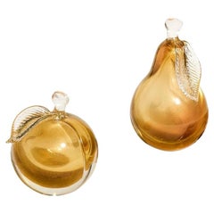 Murano Gold Flecked Glass Apple and Pear Bookend Set