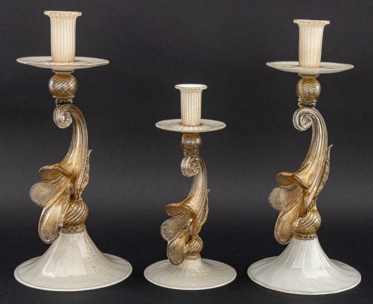 Modern Murano Gold-Flecked Glass Candlesticks, 3 For Sale