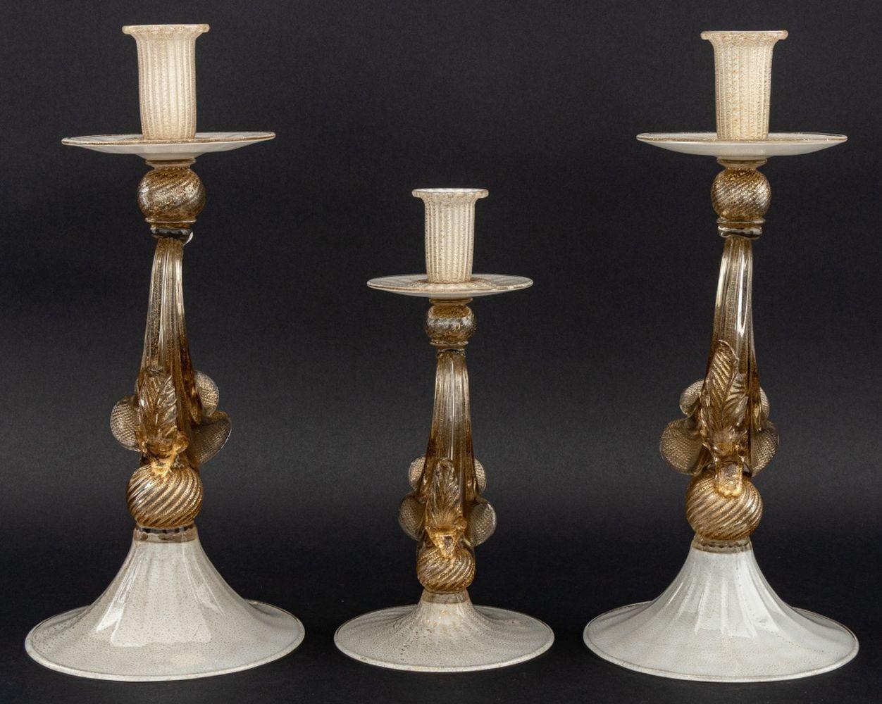 Murano Gold-Flecked Glass Candlesticks, 3 In Good Condition For Sale In Astoria, NY